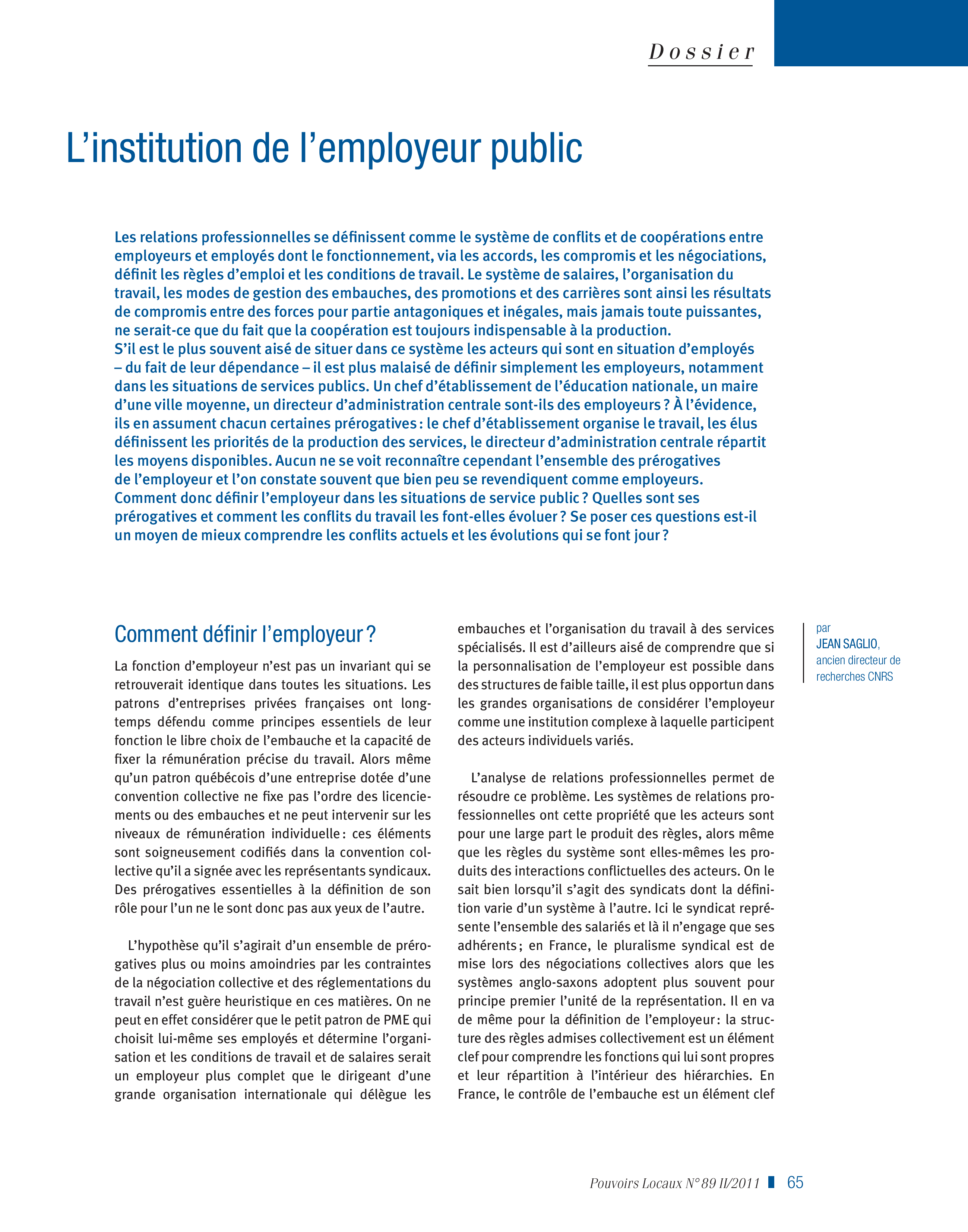 Article : L’institution de l’employeur public