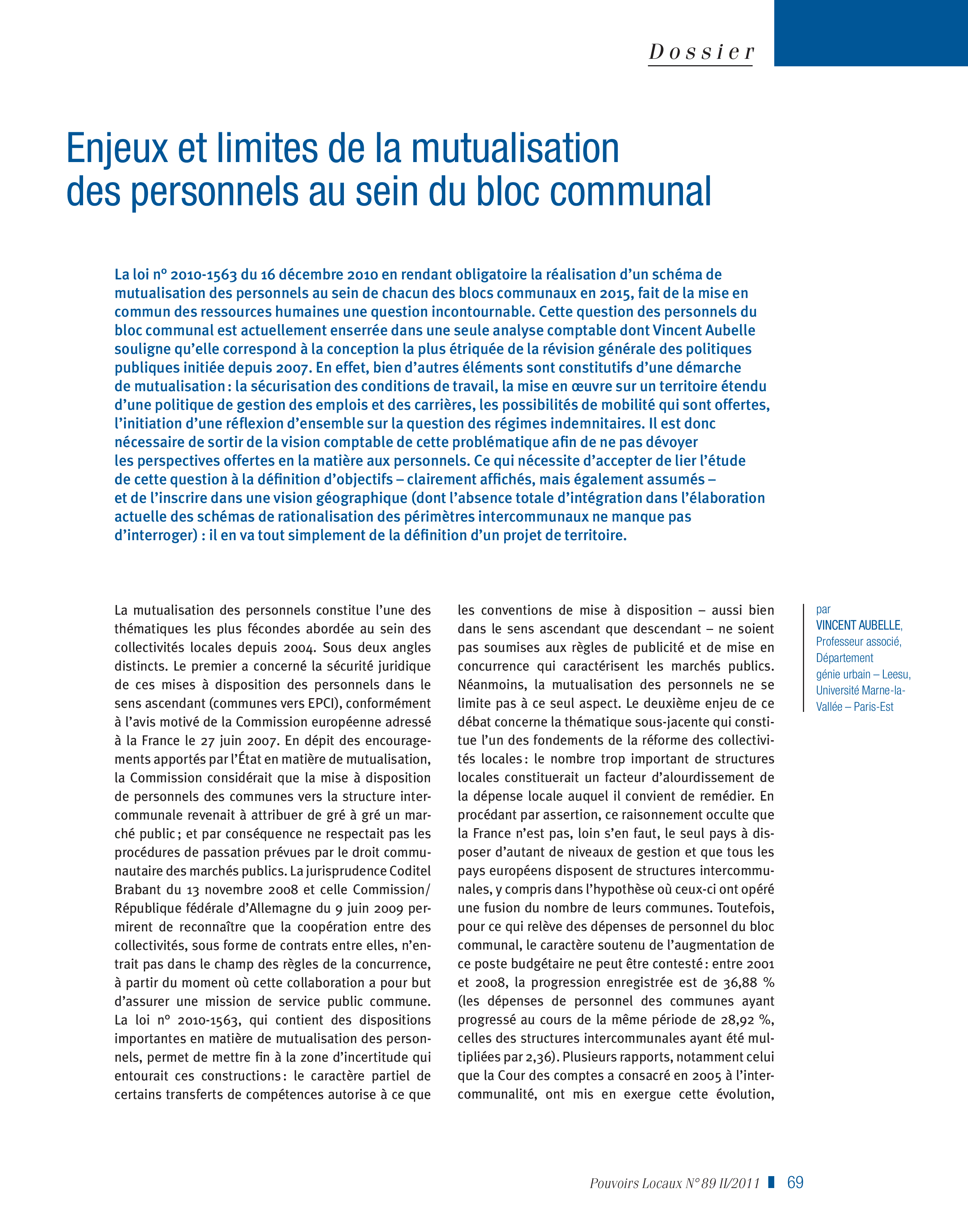 Article : Enjeux et limites de la mutualisation des personnels au sein du bloc communal