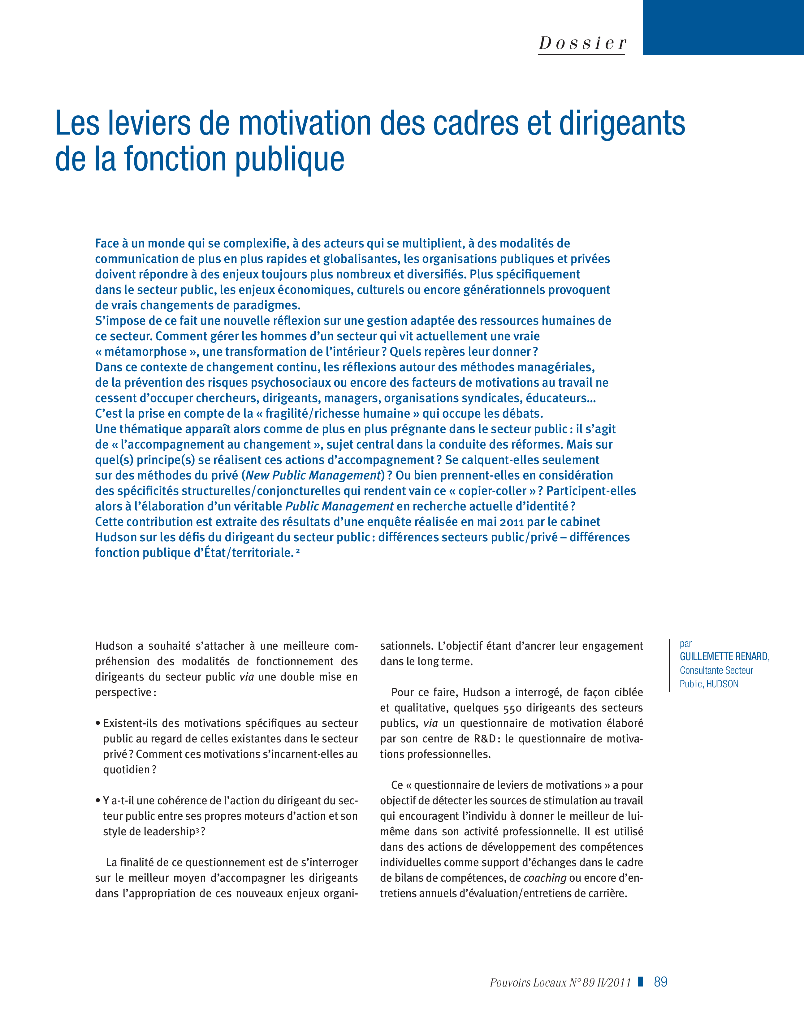 Article : Les leviers de motivation des cadres et dirigeants de la fonction publique