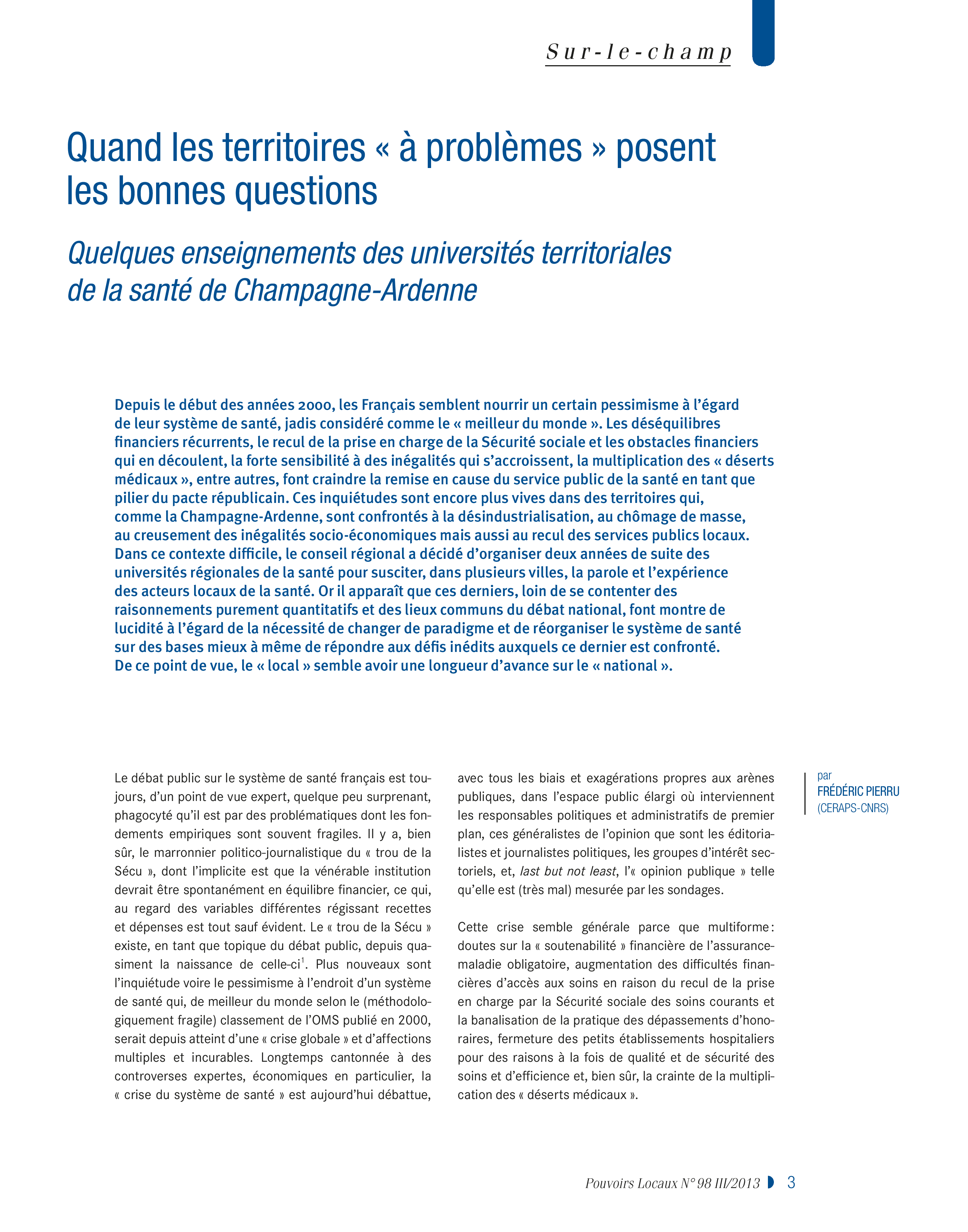 Article : Quand les territoires « à problèmes » posent les bonnes questions. Quelques enseignements des universités territoriales de la santé de Champagne-Ardenne