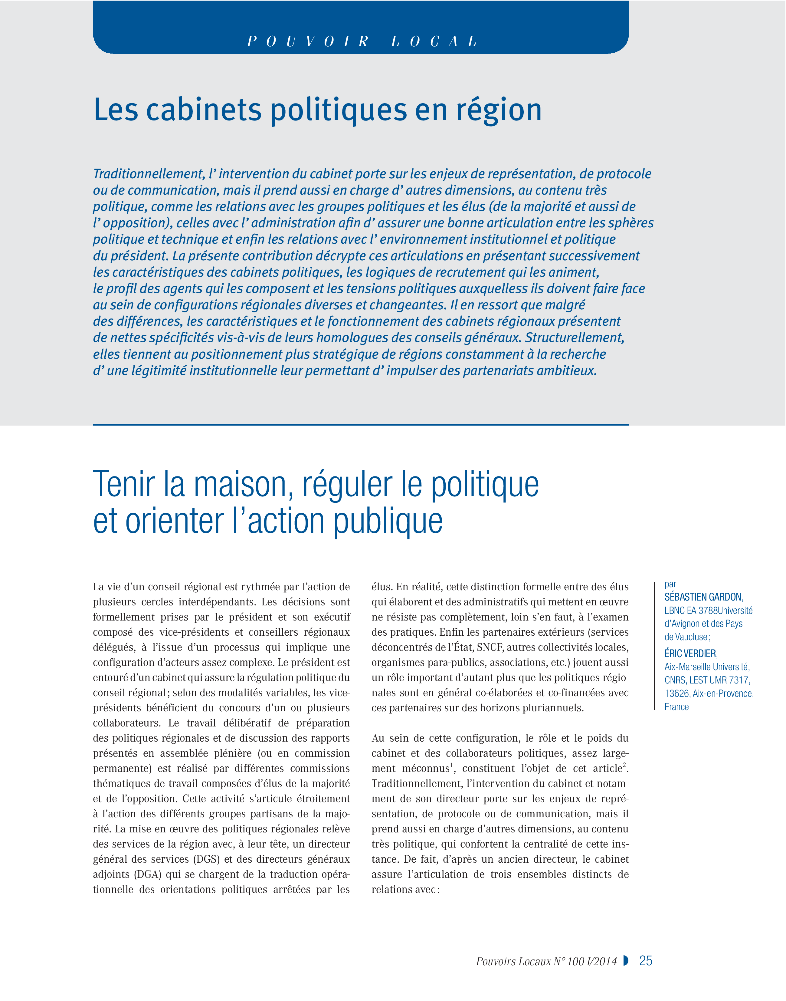 Article : Les cabinets politiques en région