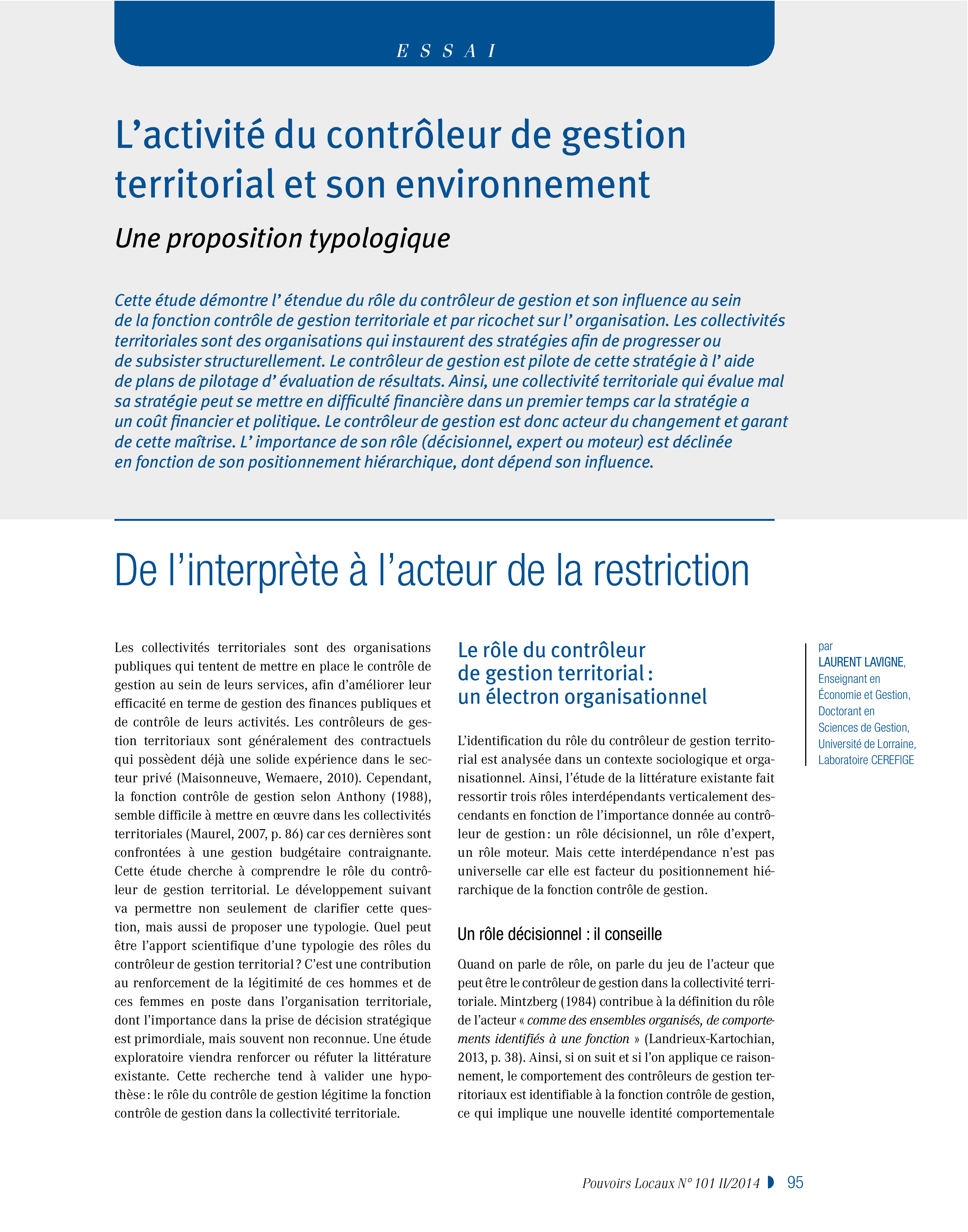 Article : L’activité du contrôleur de gestion territorial et son environnement. Une proposition typologique