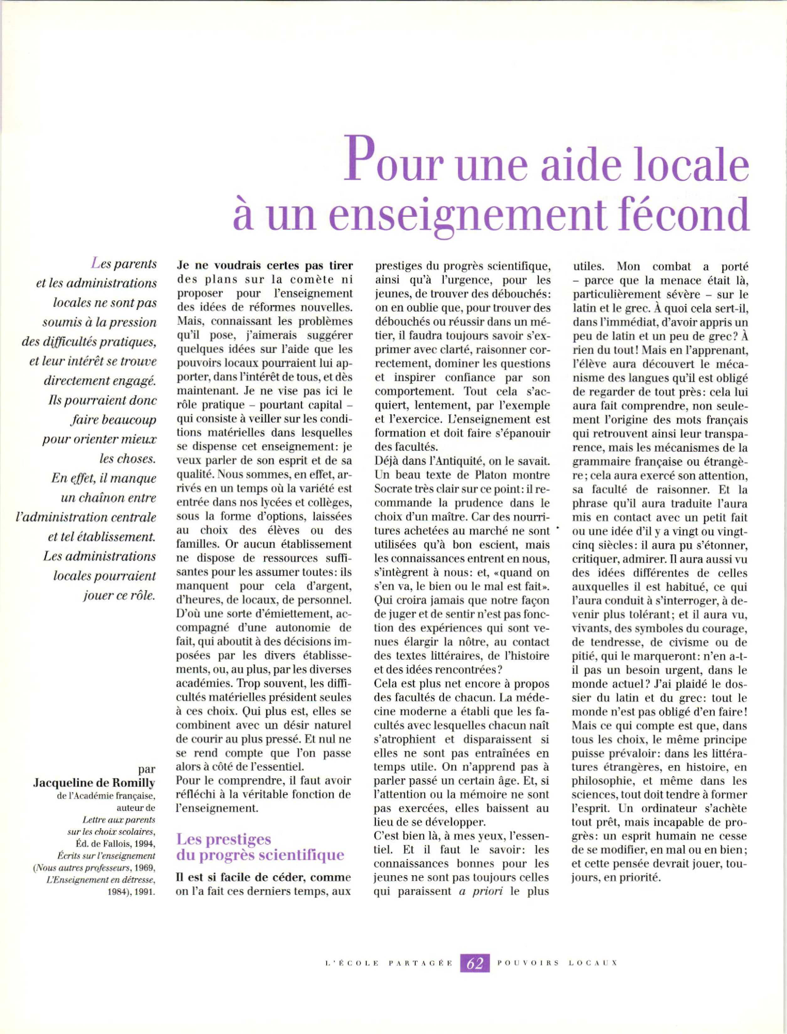 Article : Pour une aide locale à un enseignement fécond