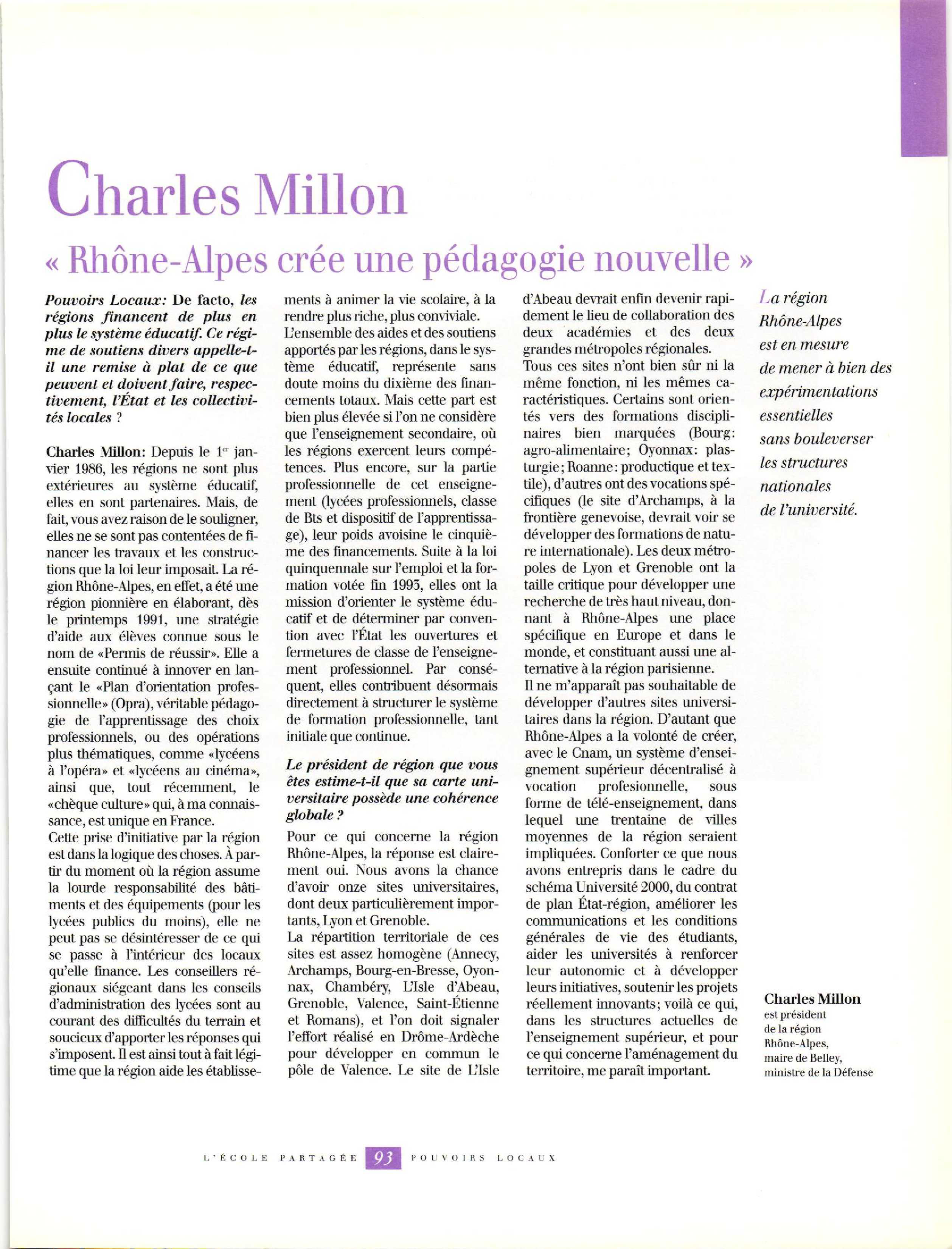 Article : Entretien avec Millon Ch.