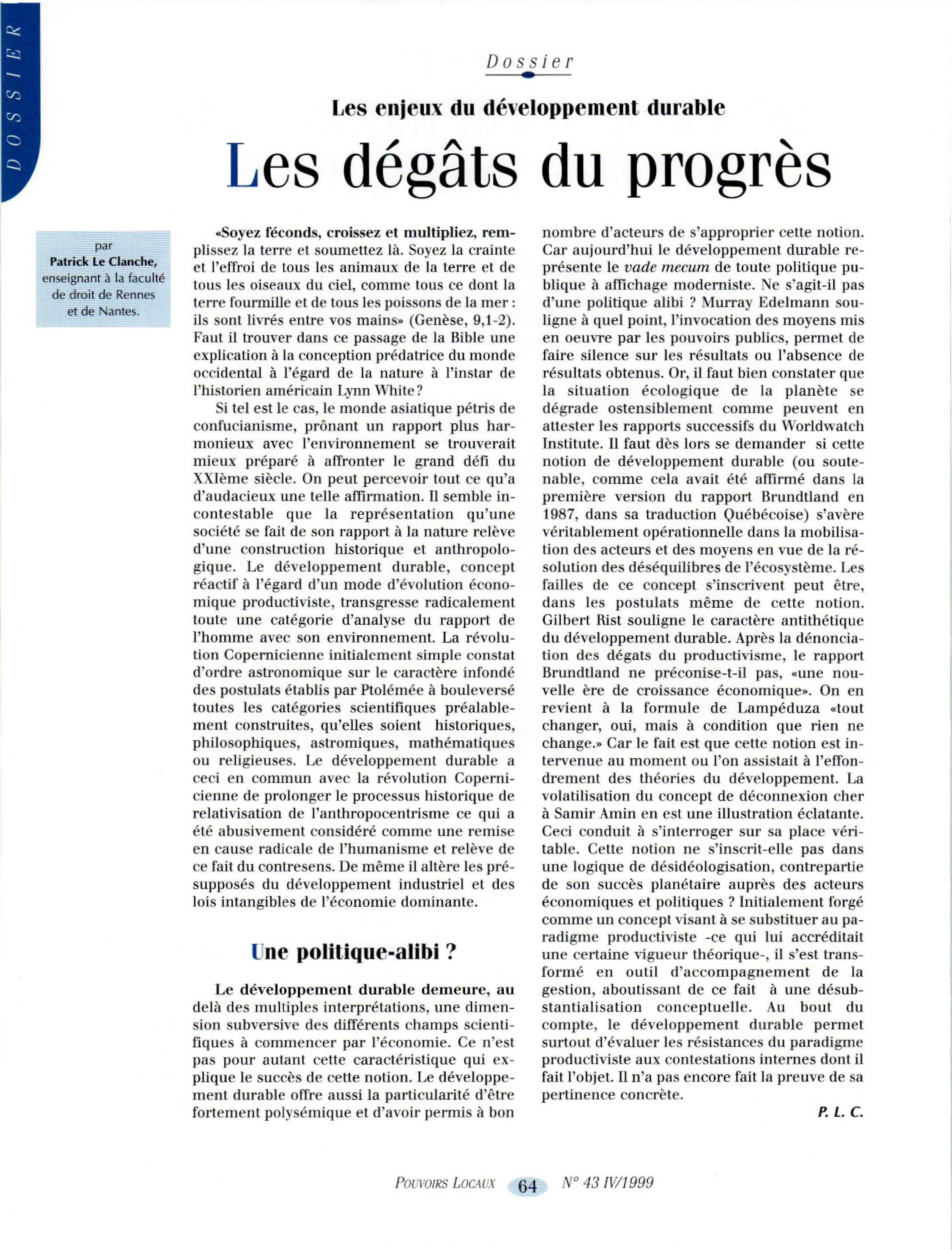 Article : Les enjeux du développement durable - Les dégâts du progrès