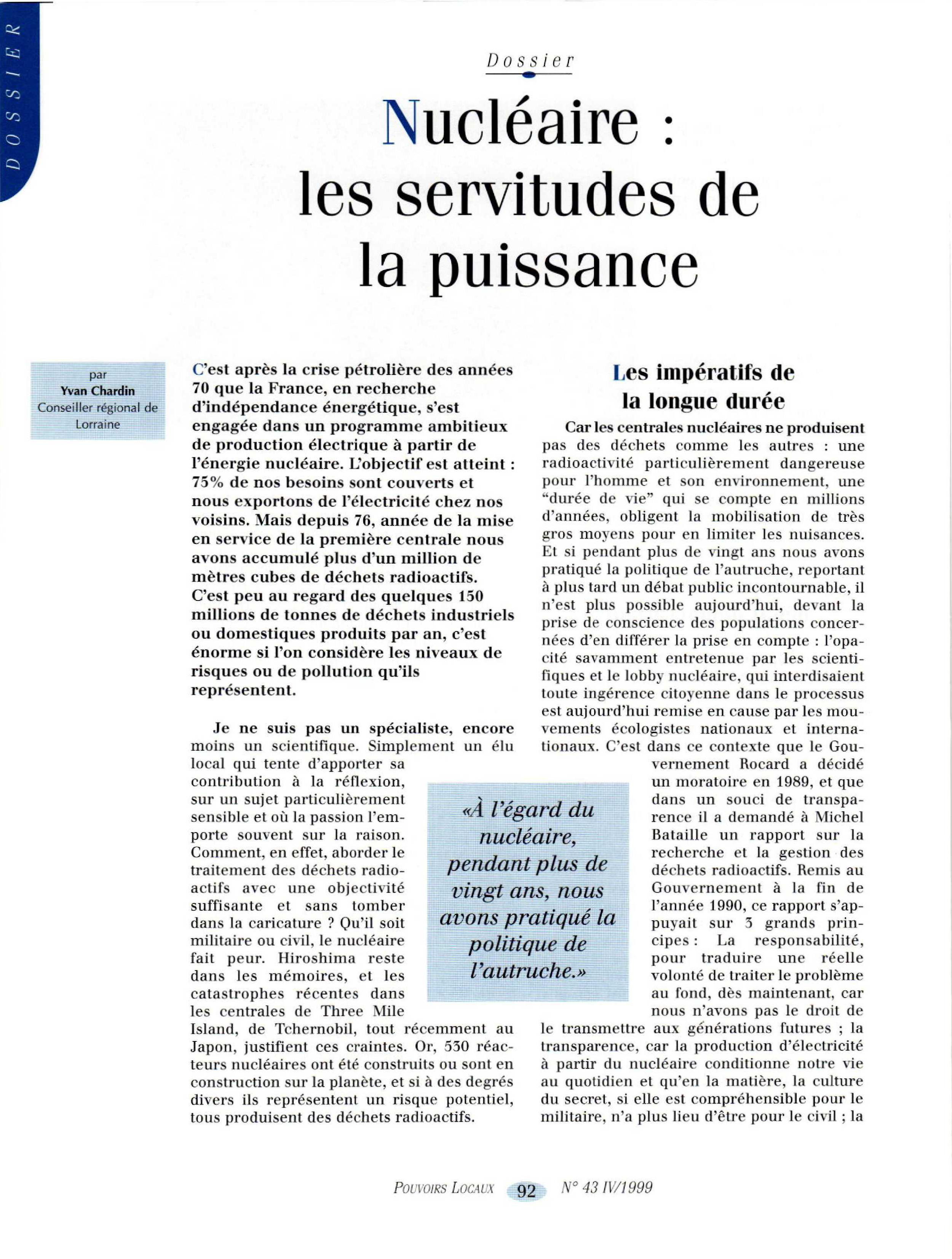 Article : Nucléaire : les servitudes de la puissance
