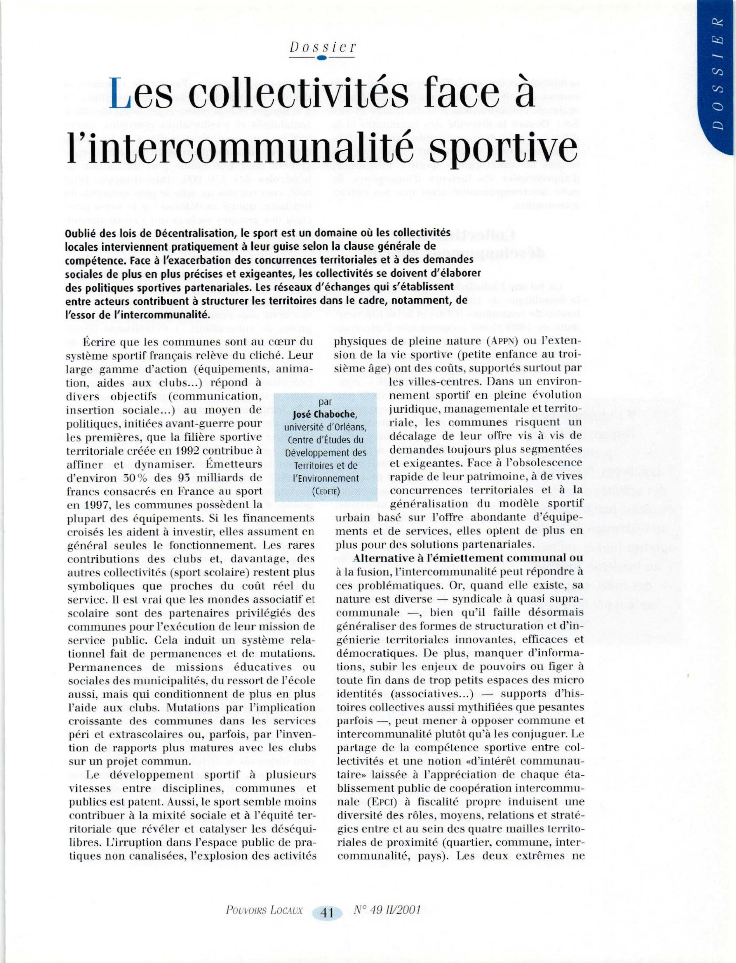 Article : Les collectivités face à l’intercommunalité sportive
