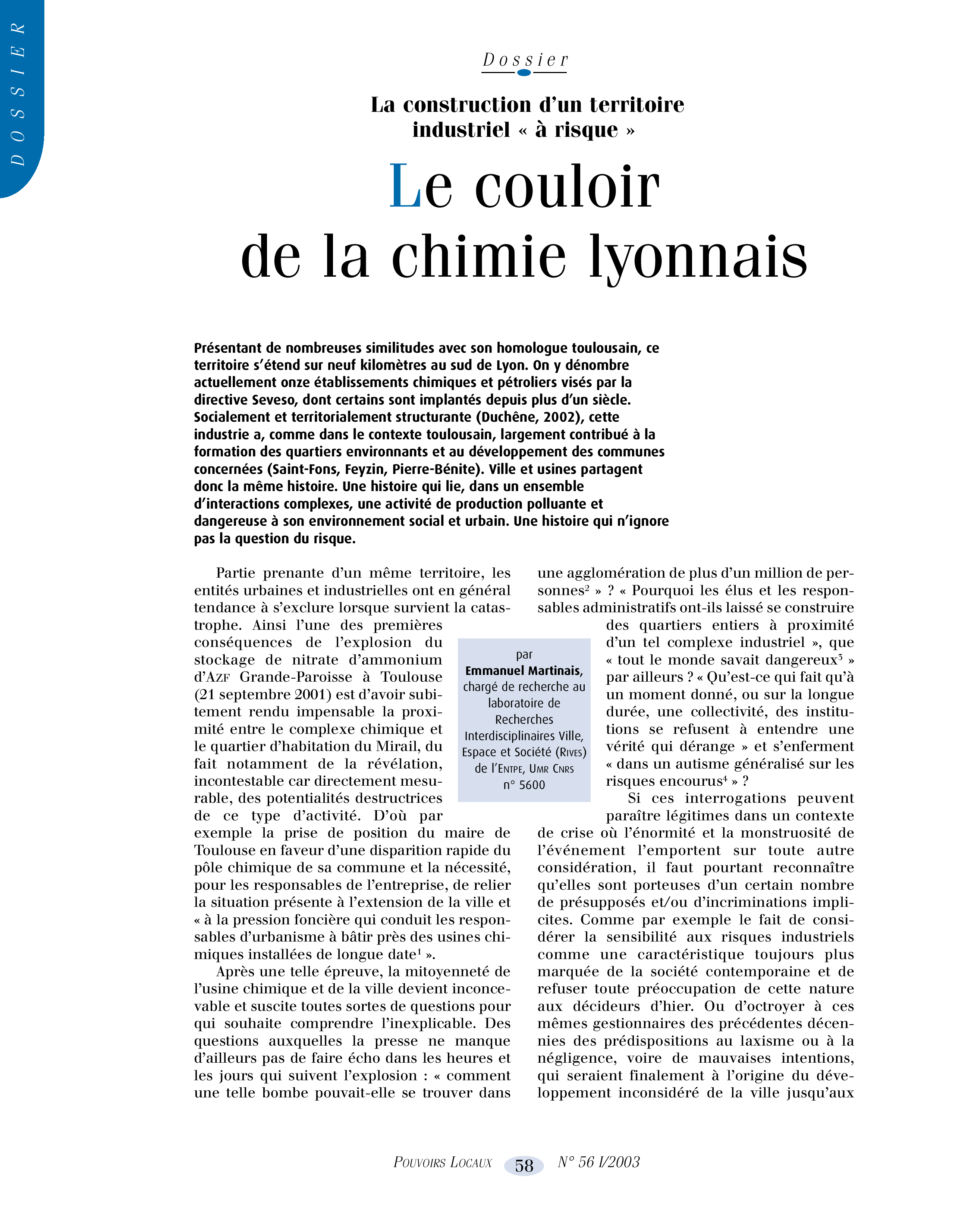Article : La construction d’un territoire à « risque » le couloir de la chimie lyonnais