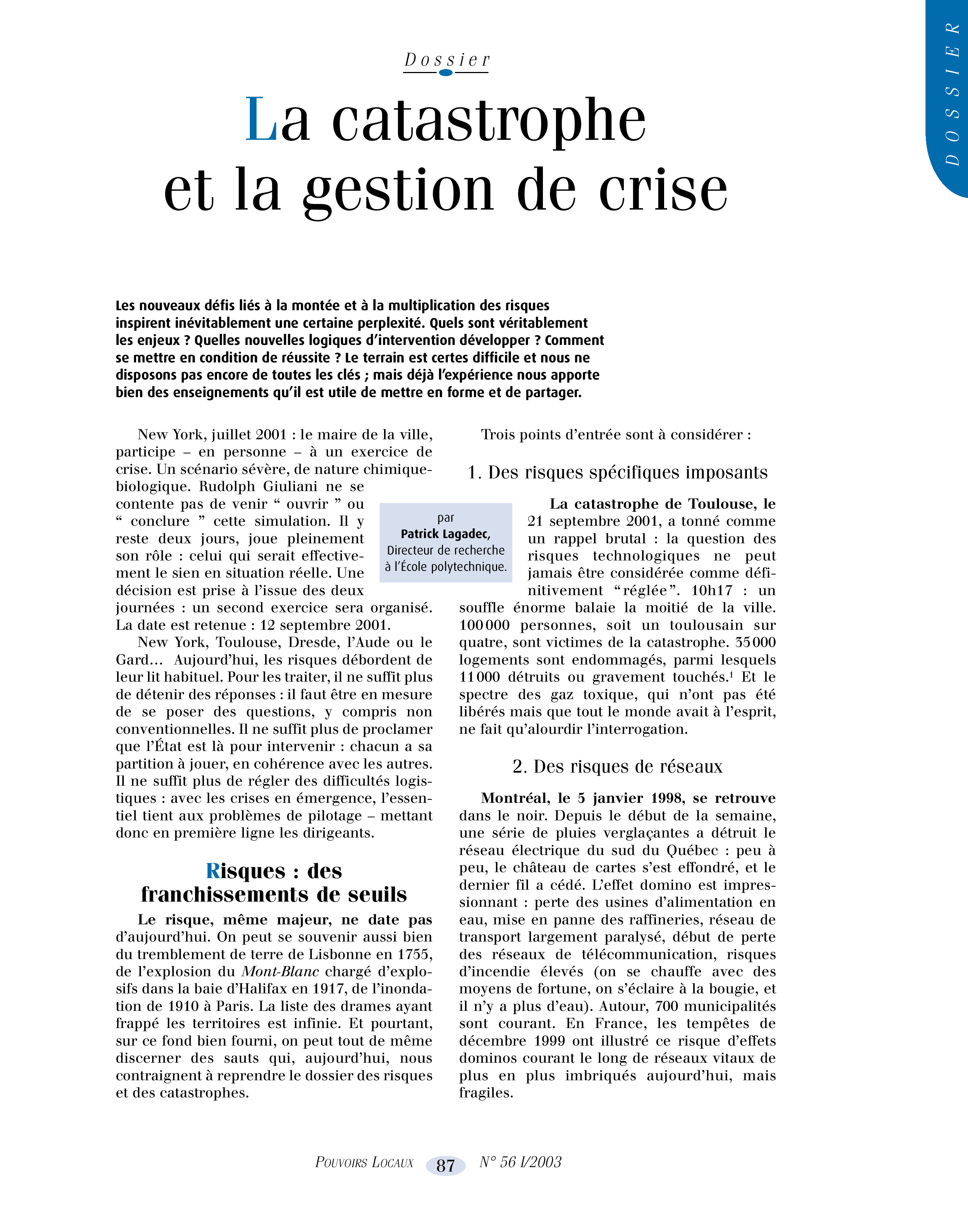 Article : La catastrophe et la gestion de crise