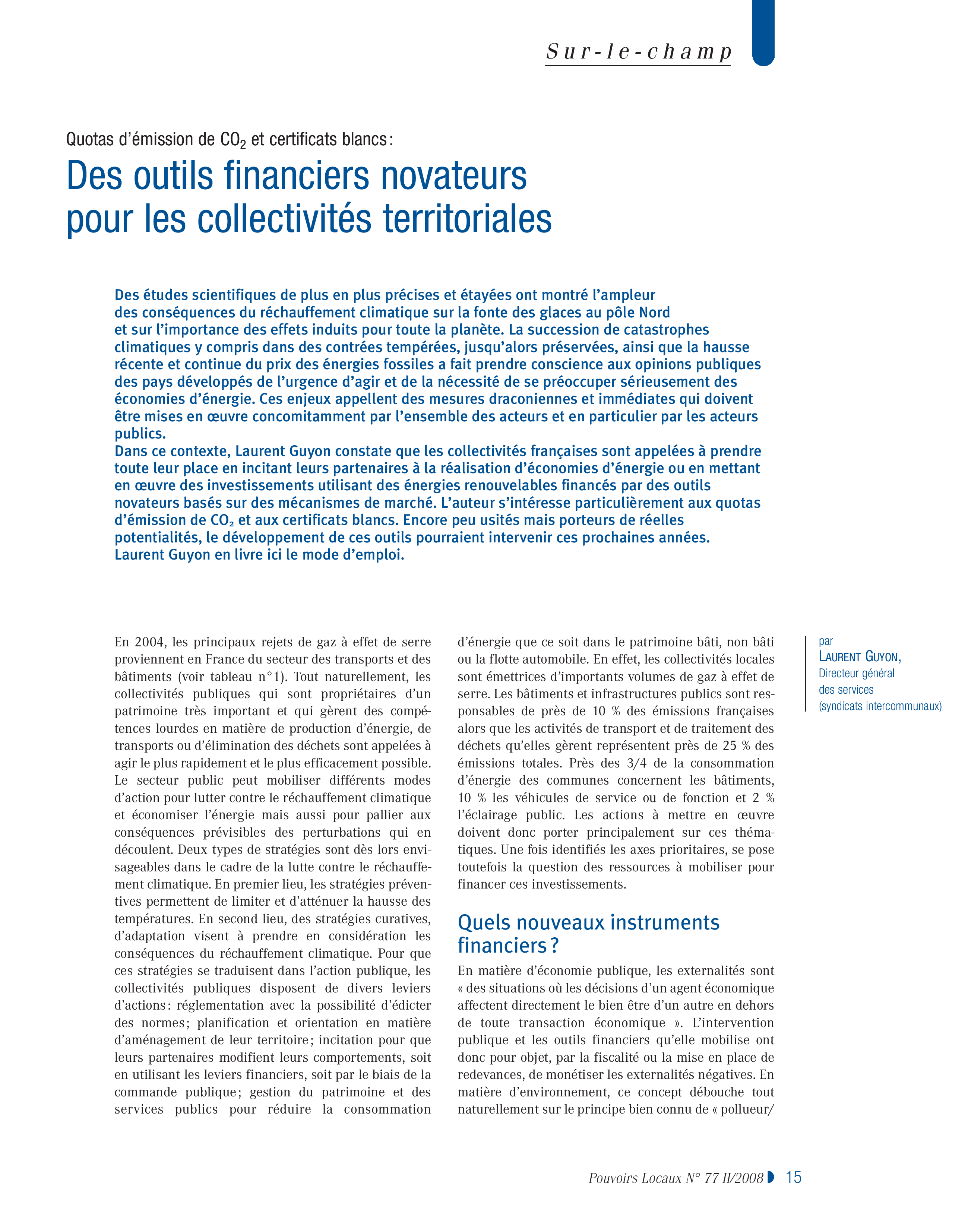 Article : Quota d’émission de CO2 et certificat blancs : des outils financiers novateurs pour les collectivités territoriales.