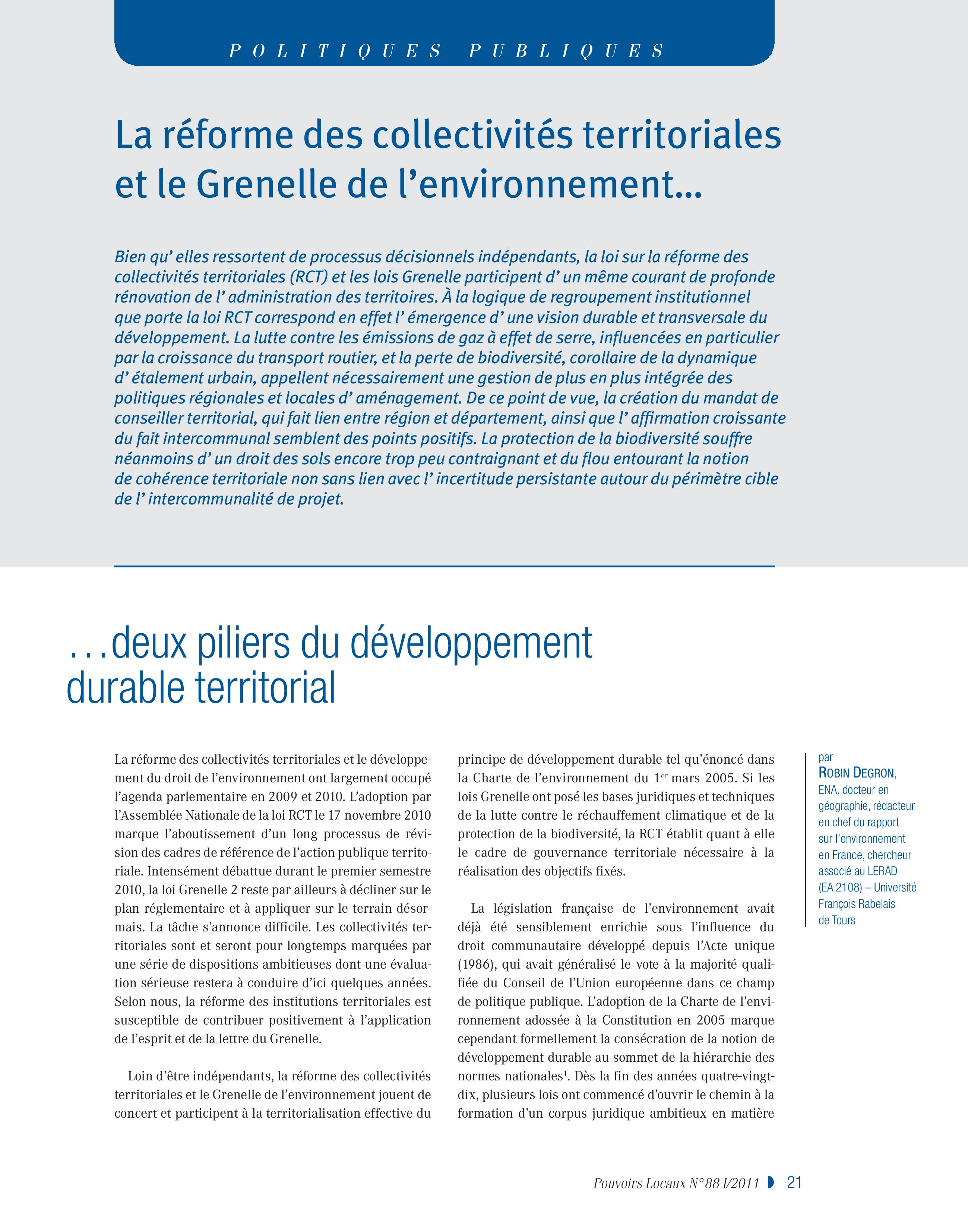 Article : La réforme des collectivités territoriales et le Grenelle de l’environnement