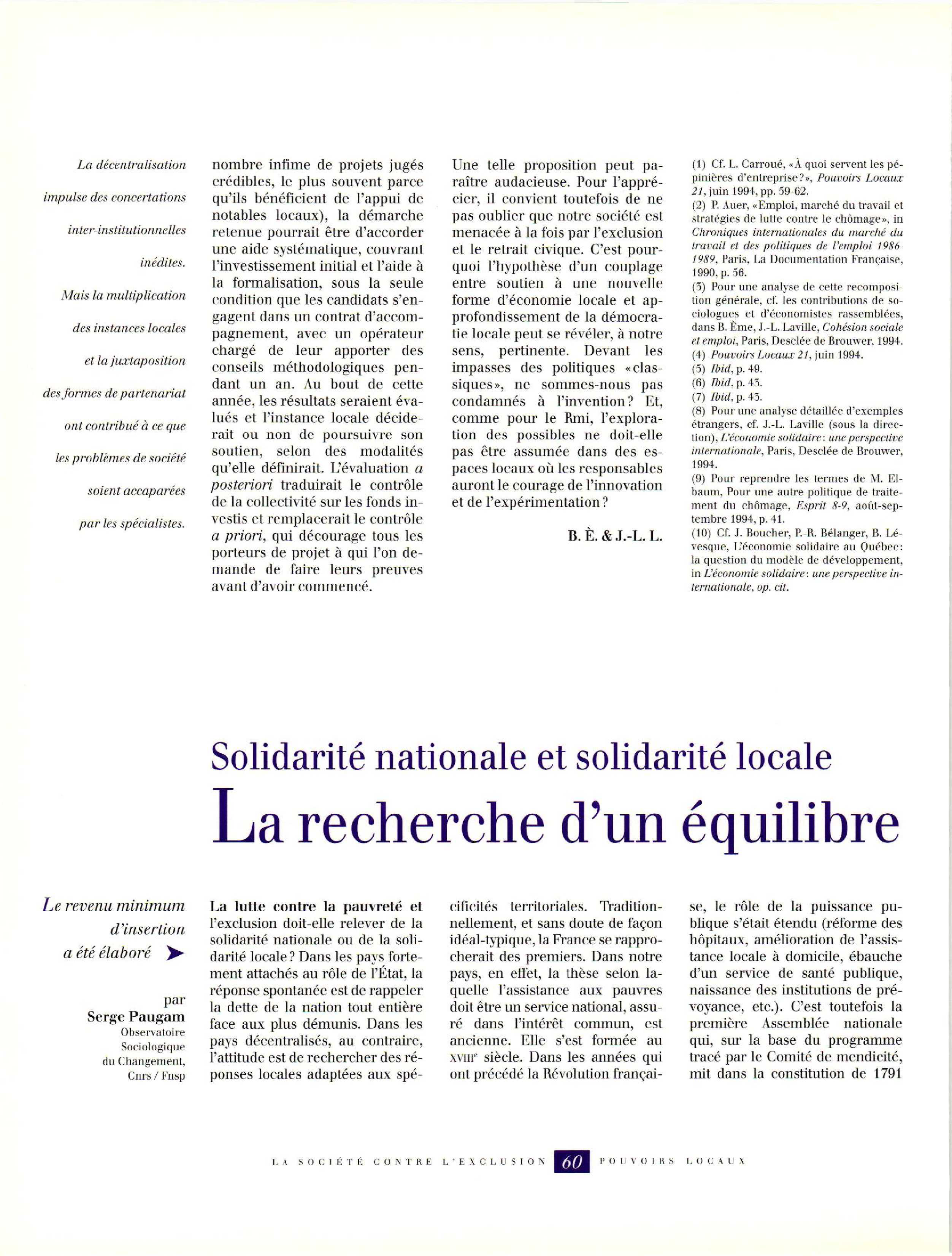 Article : Solidarité nationale et solidarité locale -la recherche d’un équilibre