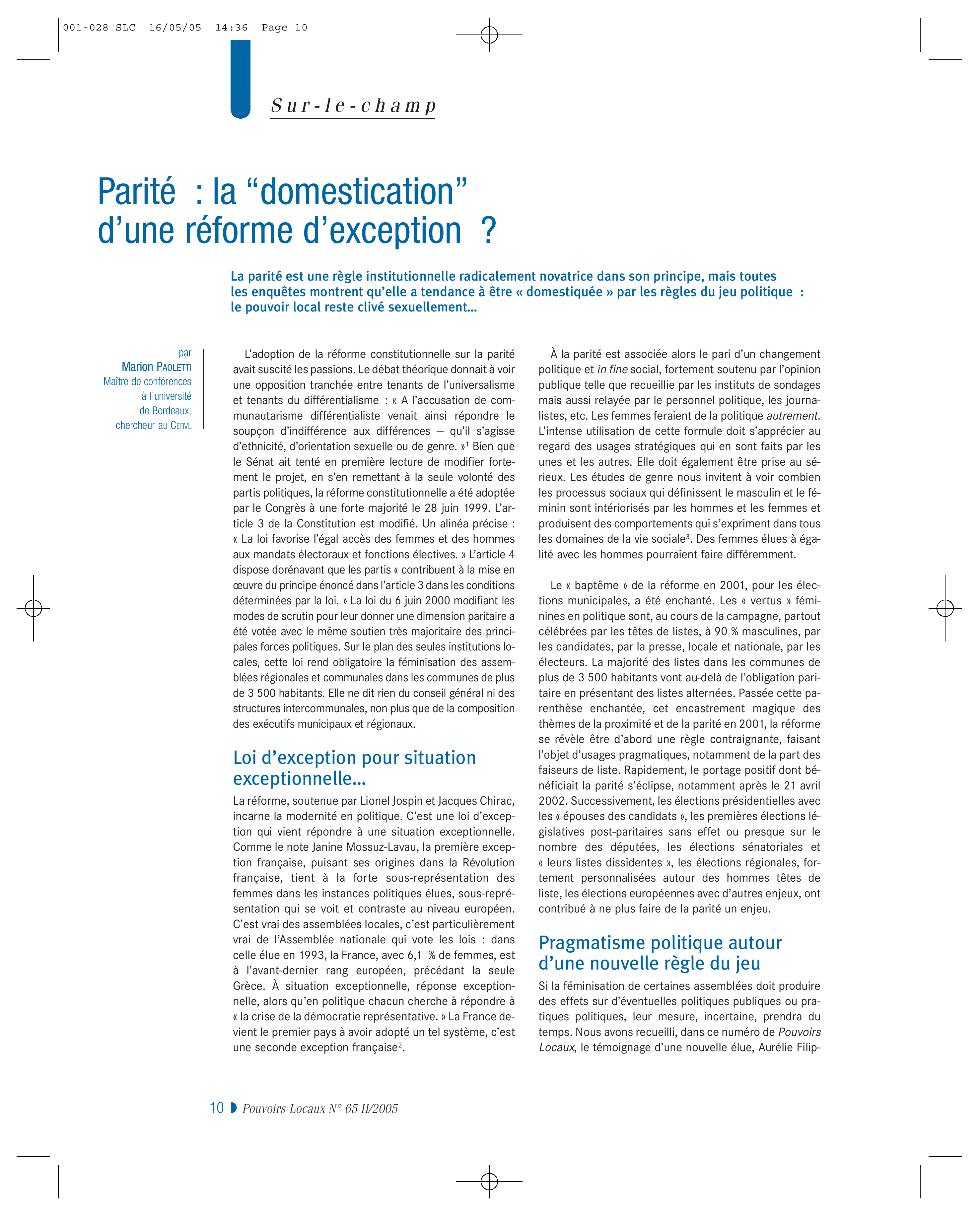 Article : Parité : la « domestication » d’une réforme d’exception ?