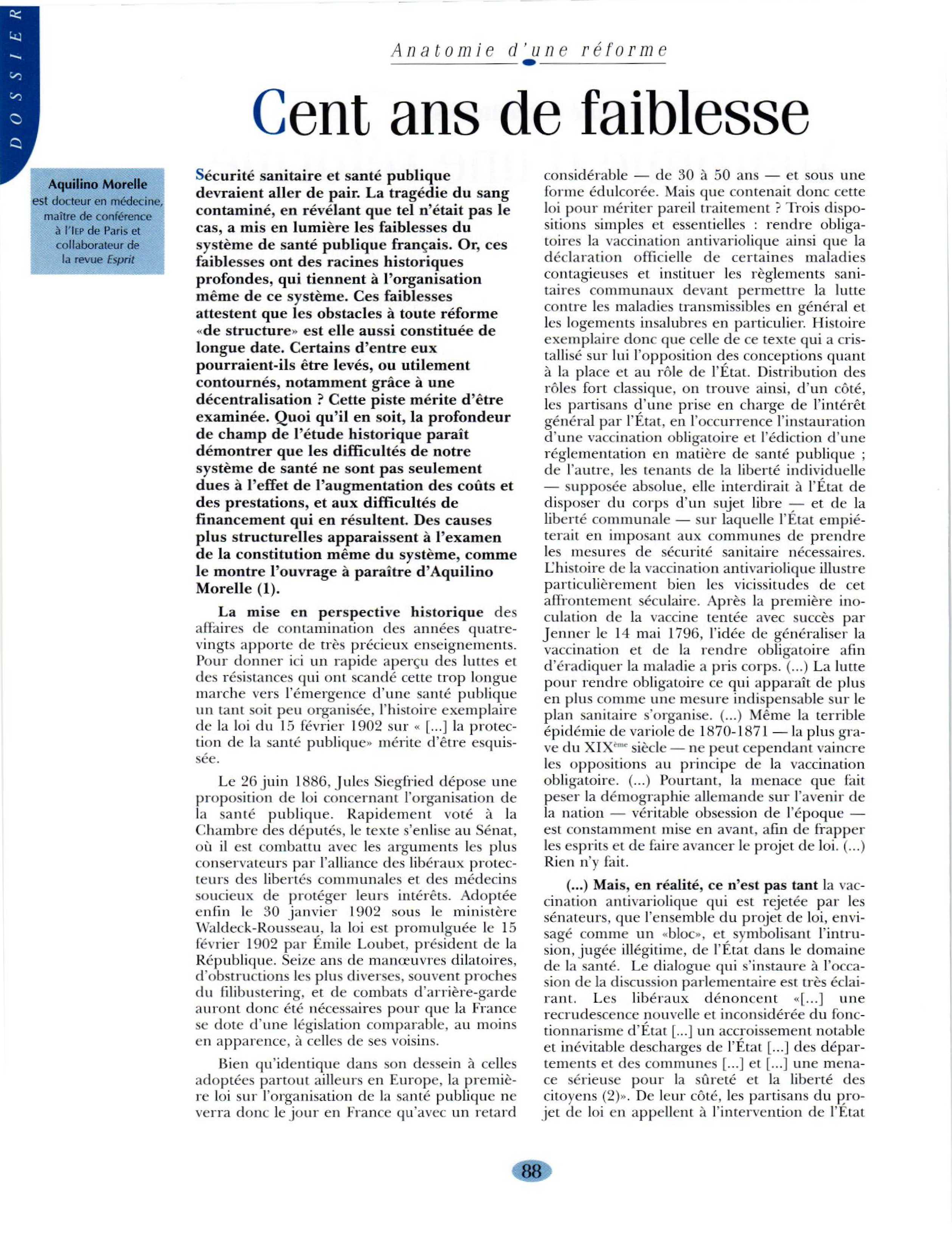 Article : Sécurité sanitaire et santé publique : cent ans de faiblesse