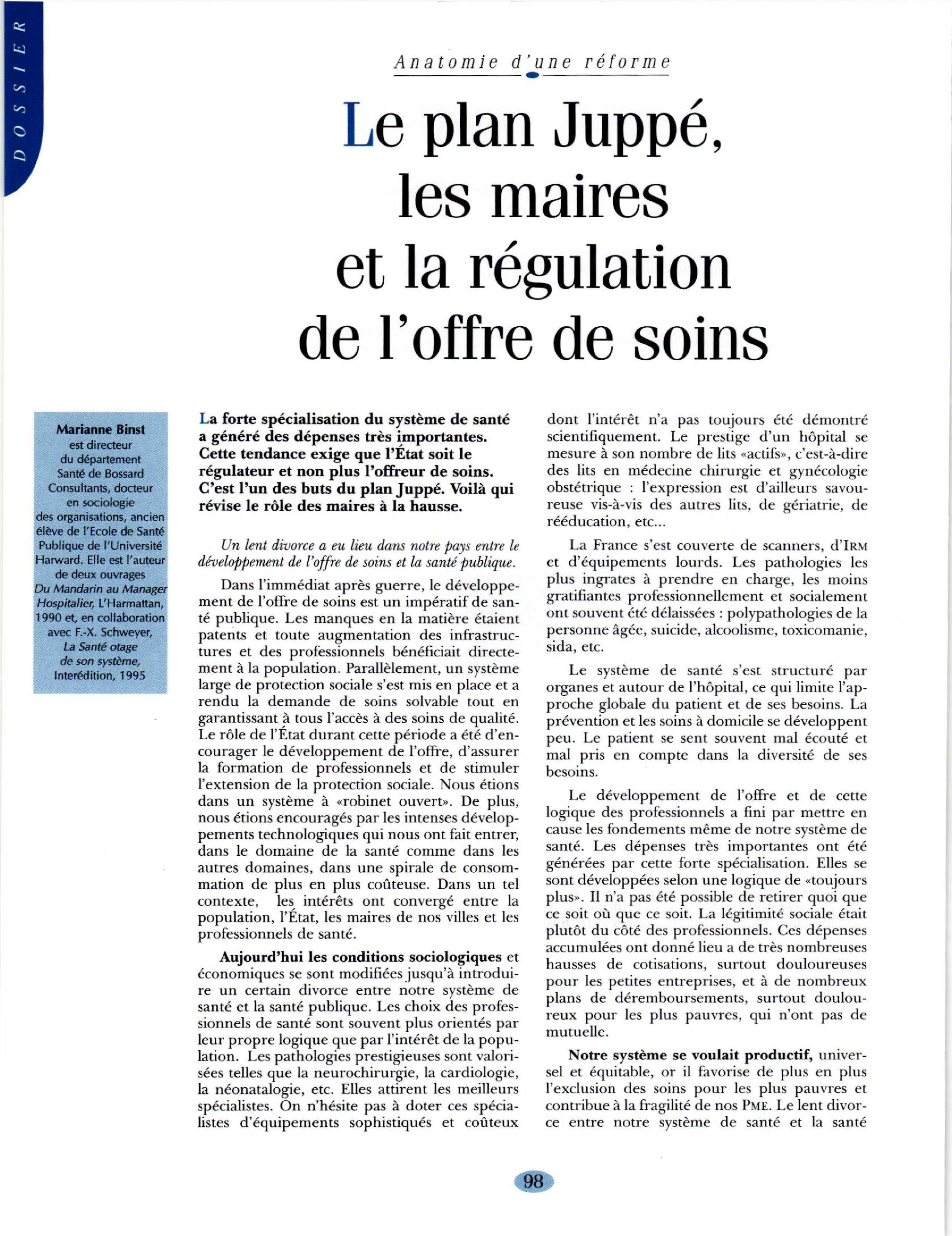 Article : Système de santé : le plan Juppé, les maires et la régulation de l’offre de soins