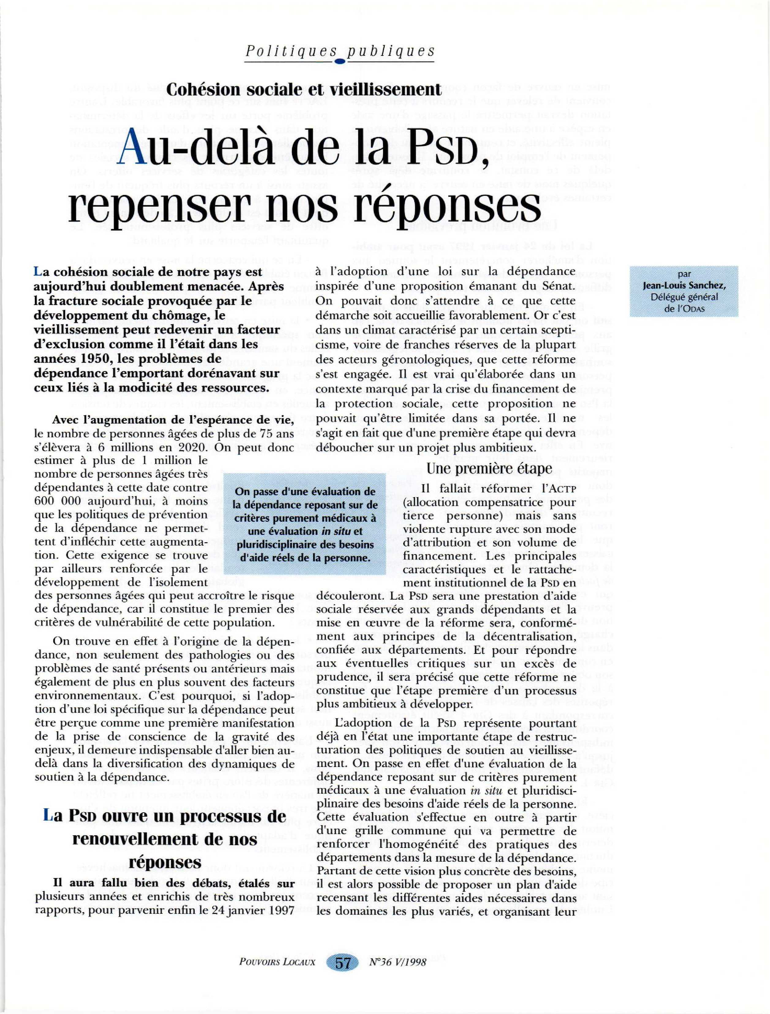 Article : Cohésion sociale et vieillissement - Au-delà de la PSD, repenser une réponse