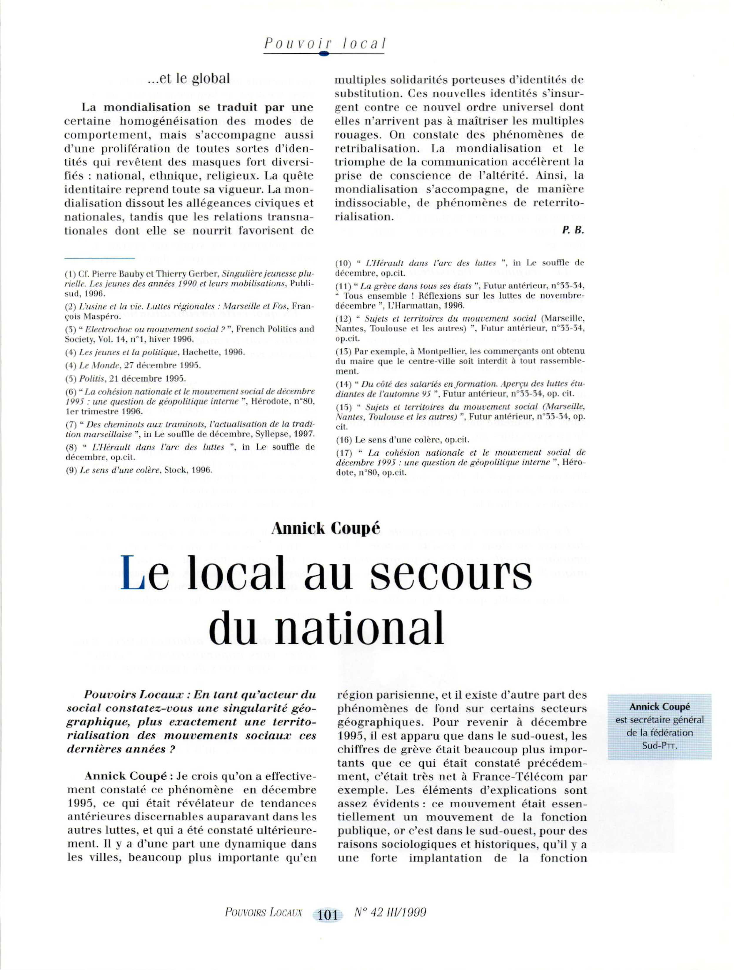 Article : Conflits sociaux - Le local au secours du national