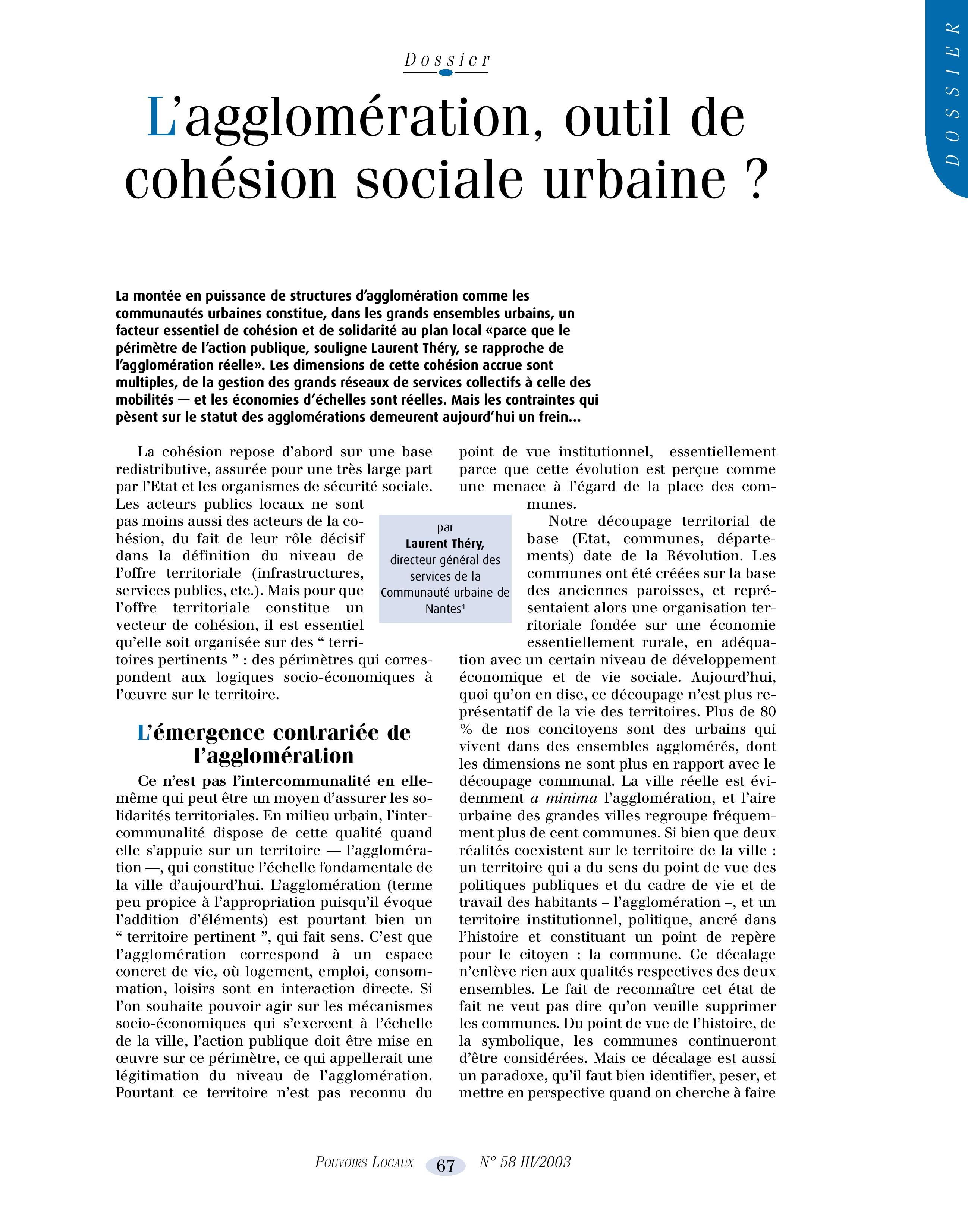 Article : L’agglomération, outil de cohésion sociale urbaine