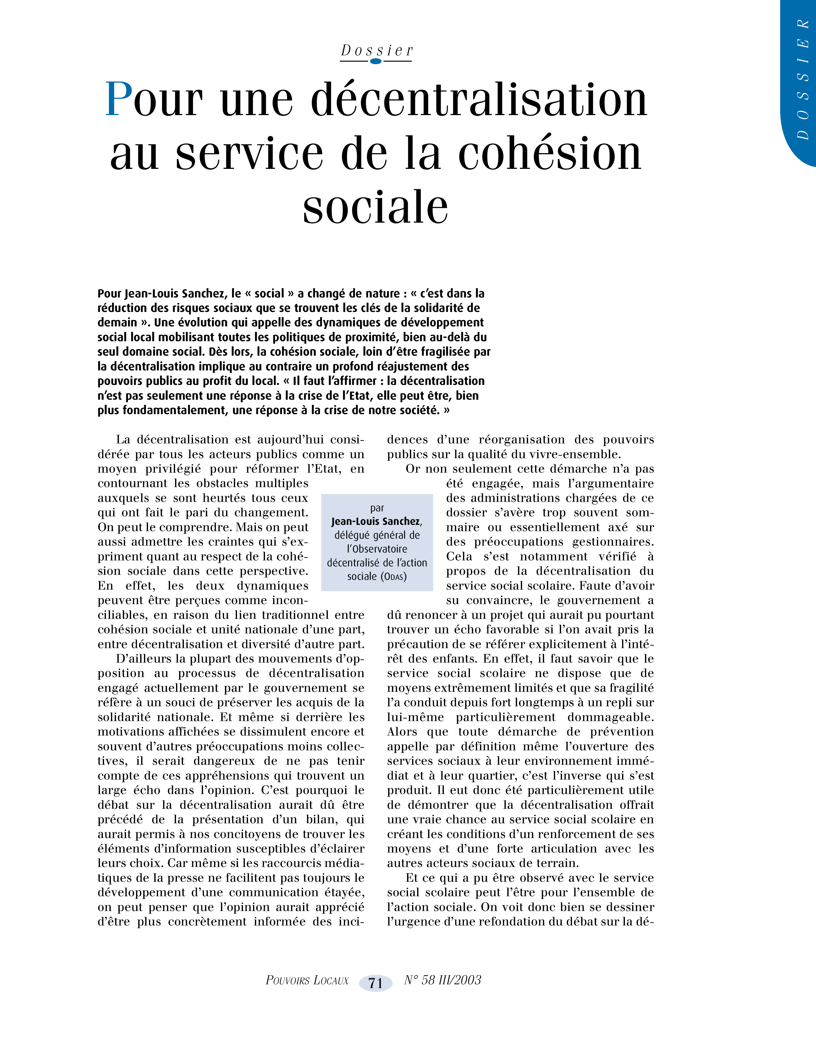 Article : Pour une décentralisation au service de la cohésion sociale