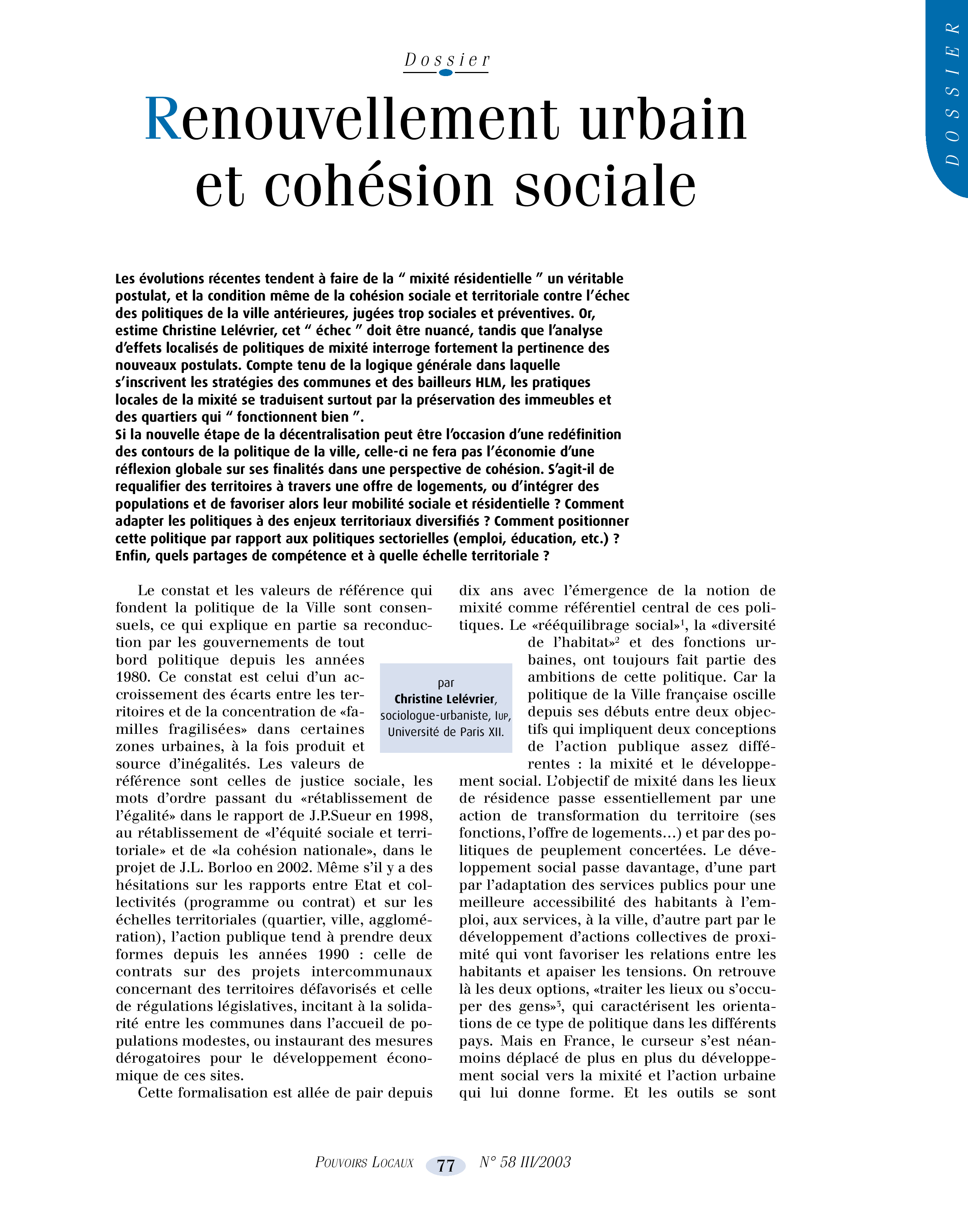 Article : Renouvellement urbain et cohésion sociale