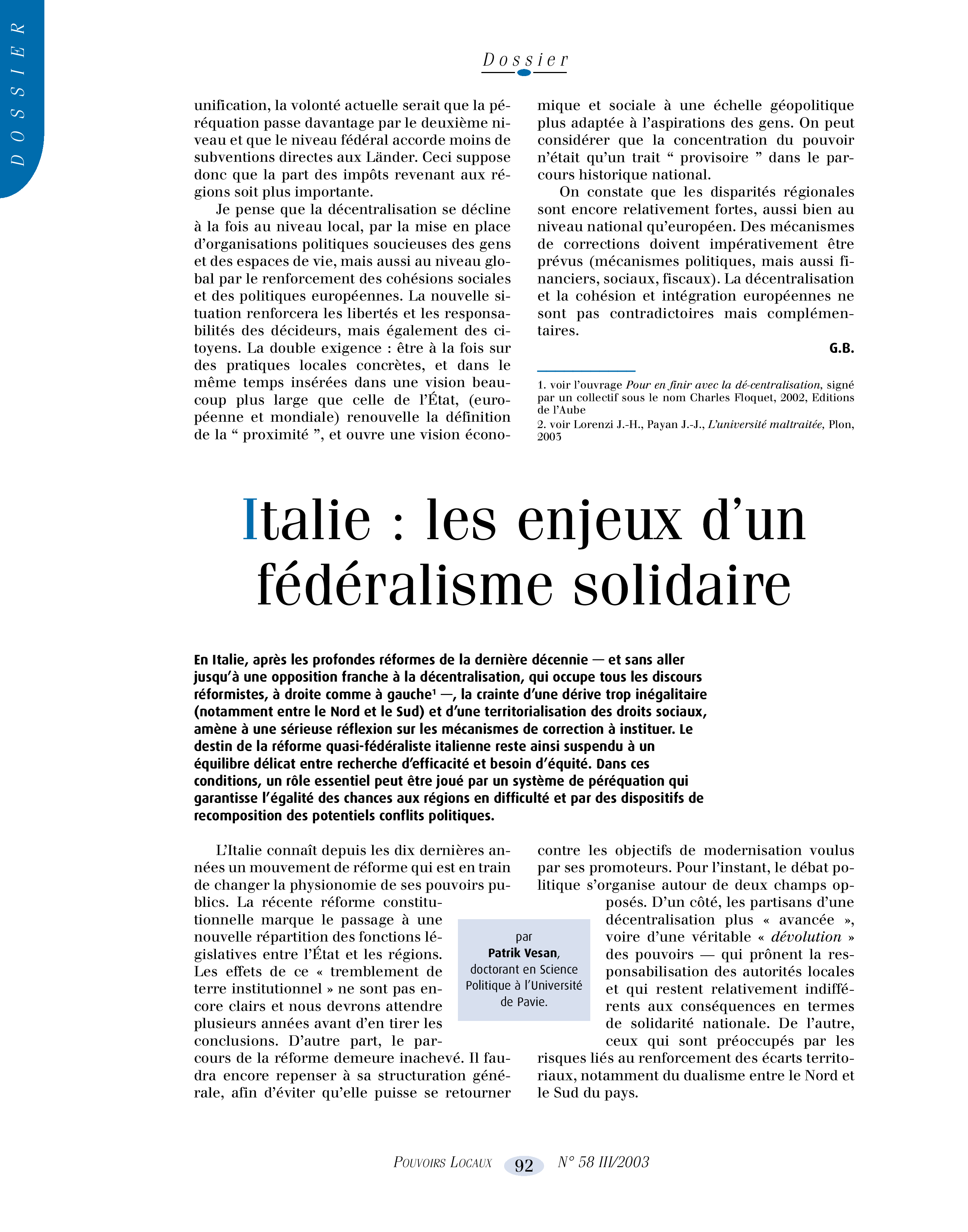 Article : Italie : les enjeux d’un fédéralisme solidaire