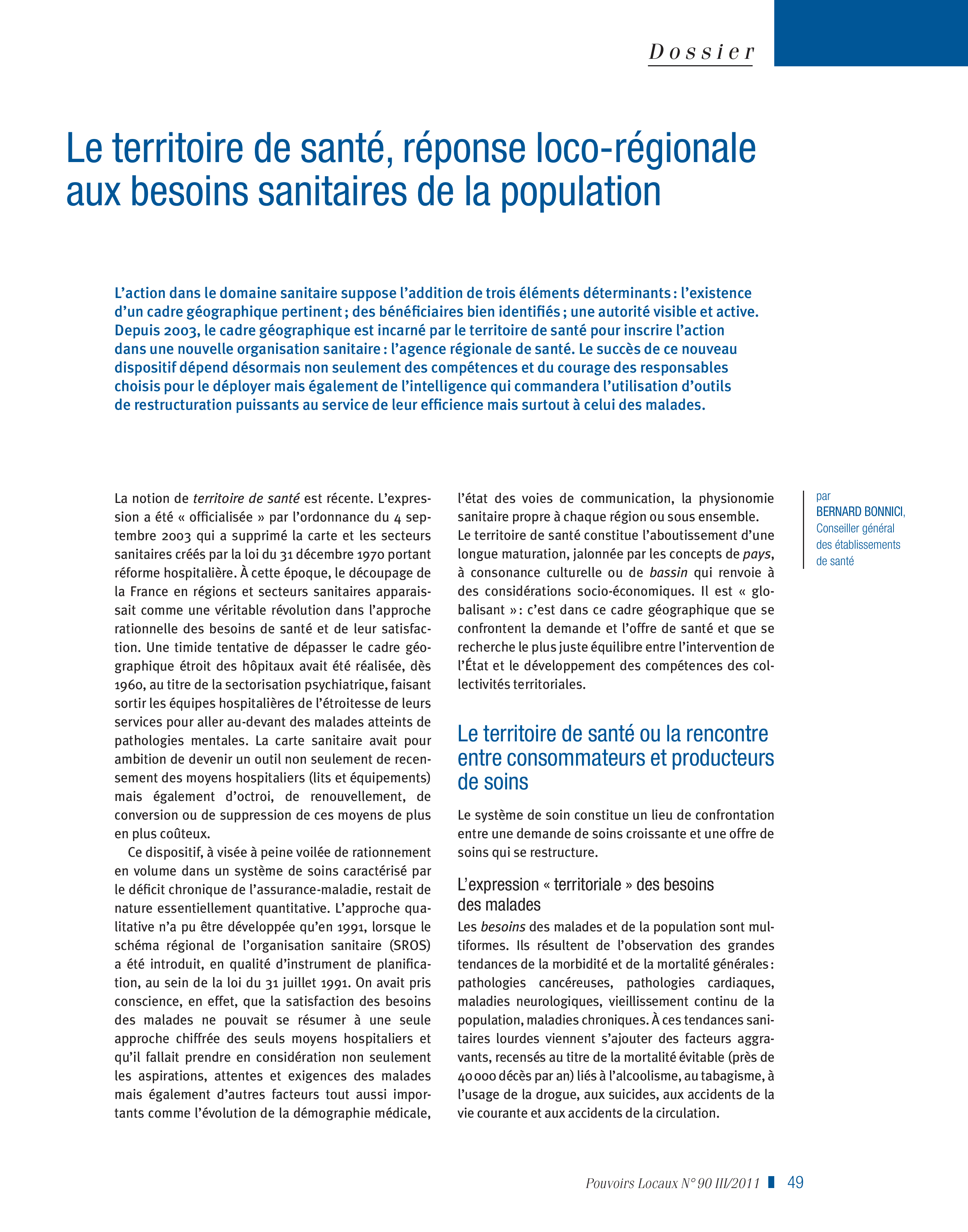 Article : Le territoire de santé, réponse loco-régionale aux besoins sanitaires de la population