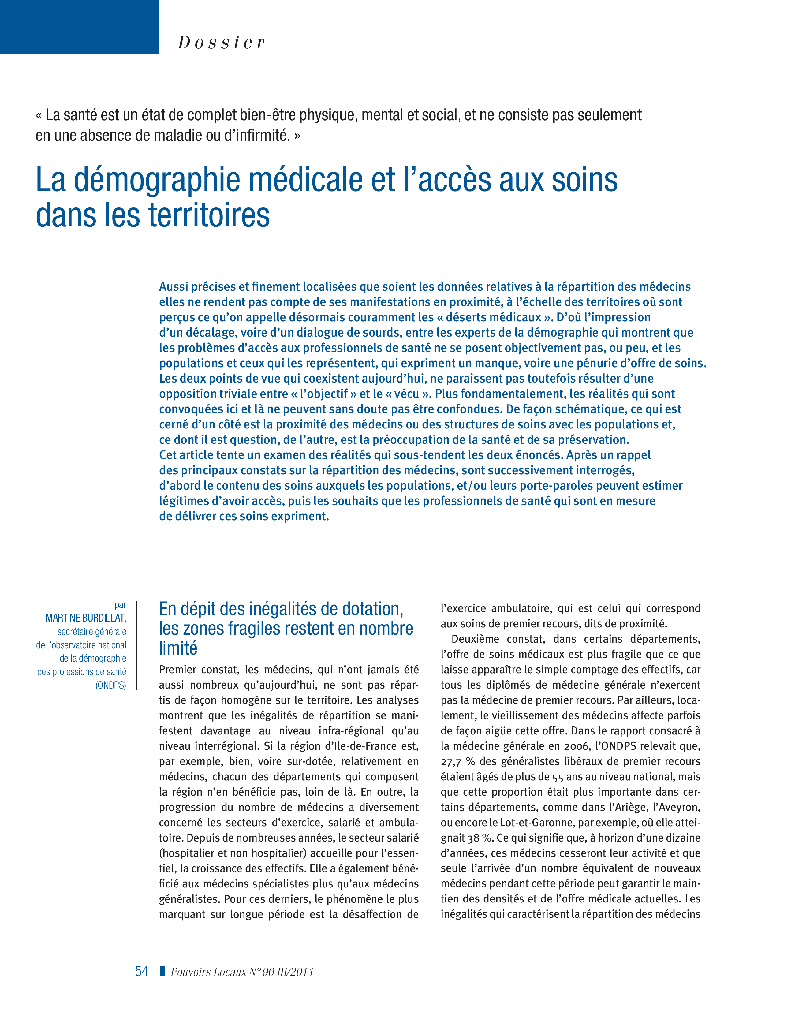 Article : La démographie médicale et l’’accès aux soins dans les territoires