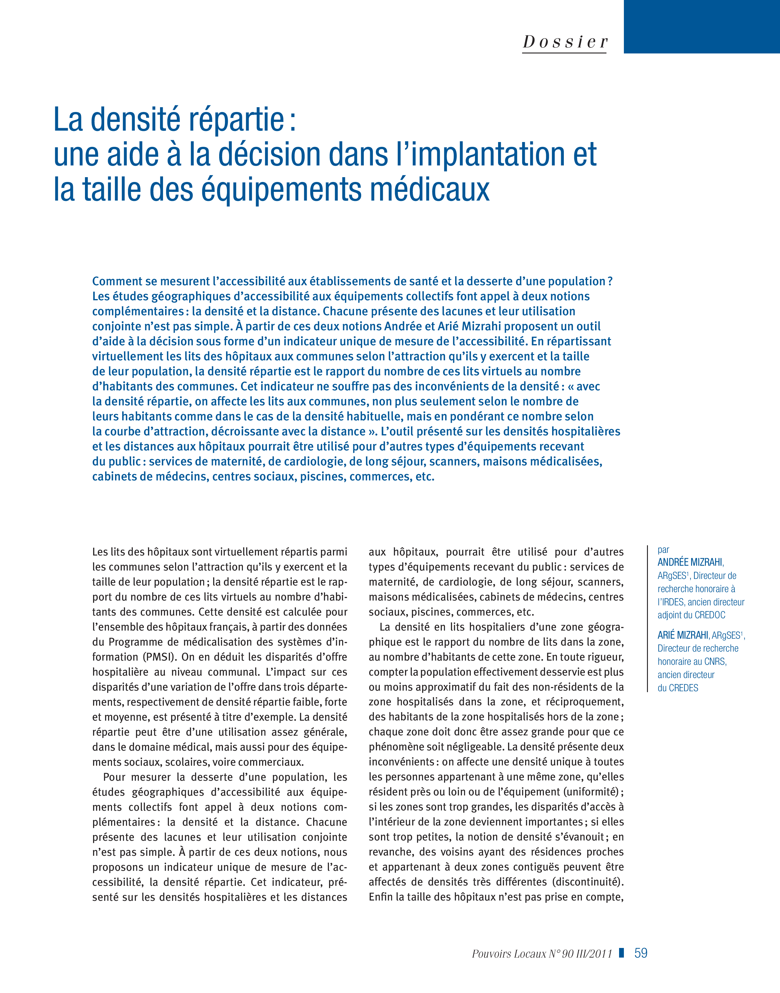 Article : La densité répartie : une aide à la décision dans l’implantation et la taille des équipements médicaux