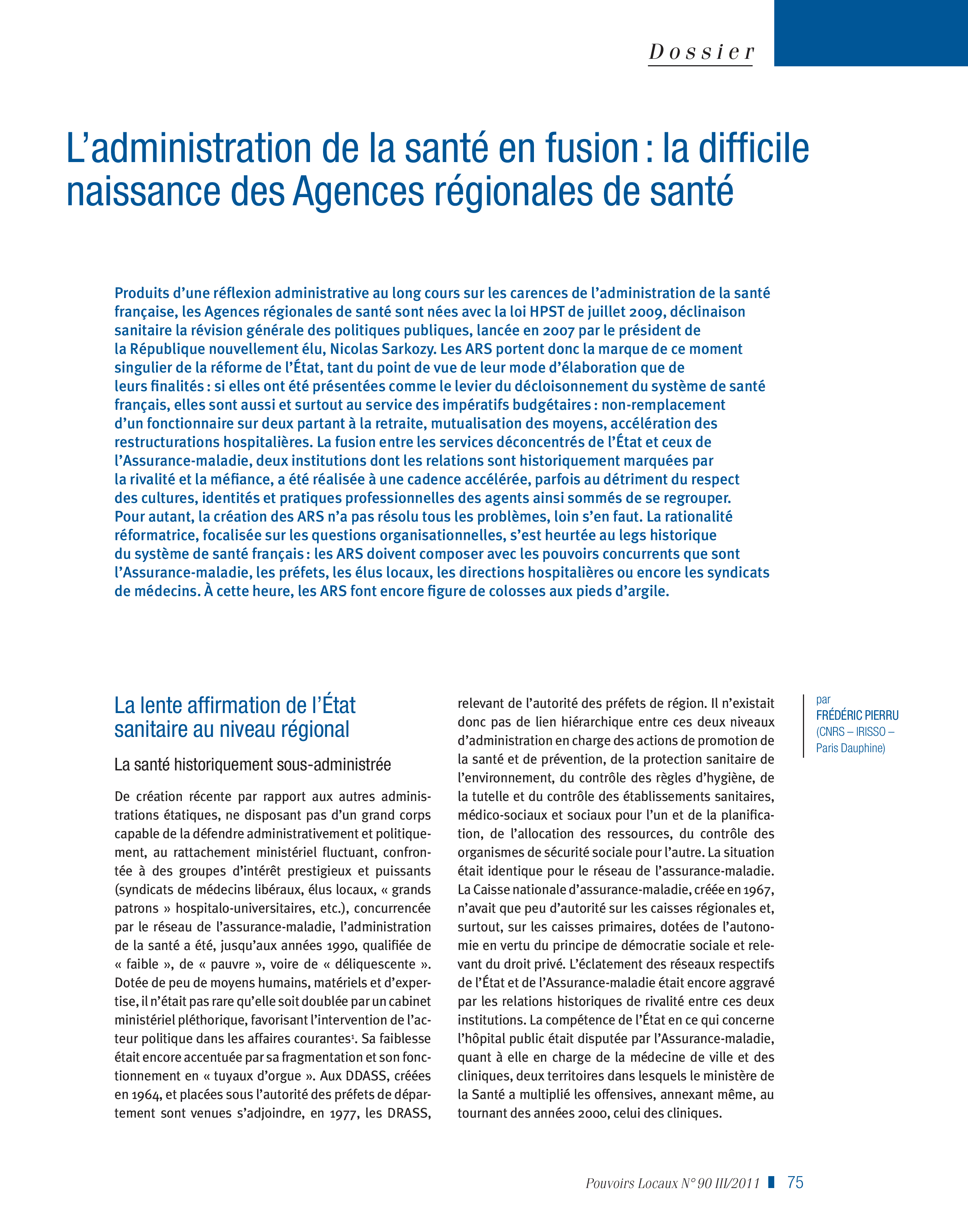 Article : L’administration de la santé en fusion : la difficile naissance des Agences régionales de santé (ARS)