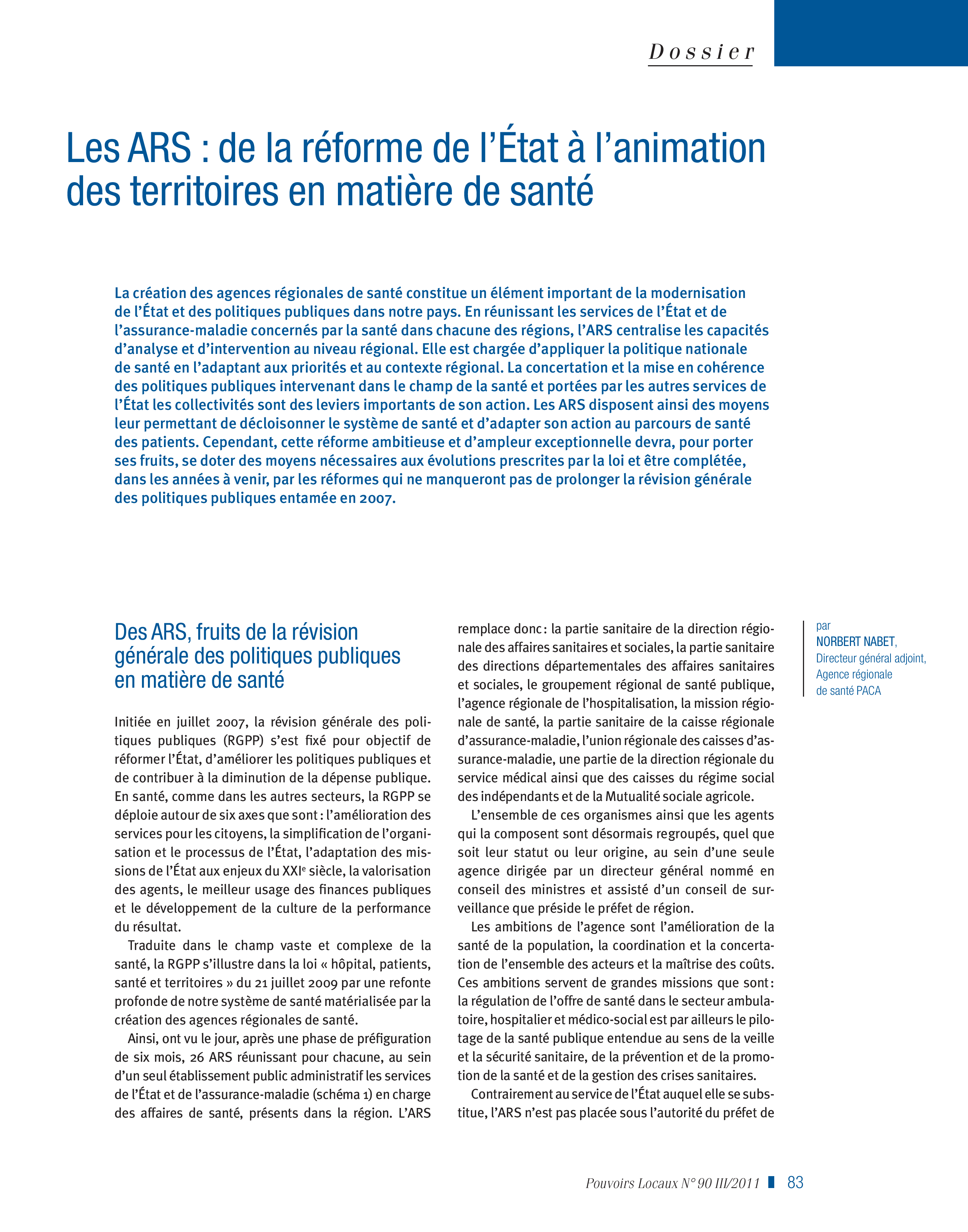 Article : Les ARS : de la réforme de l’Etat à l’animation des territoires en matière de santé