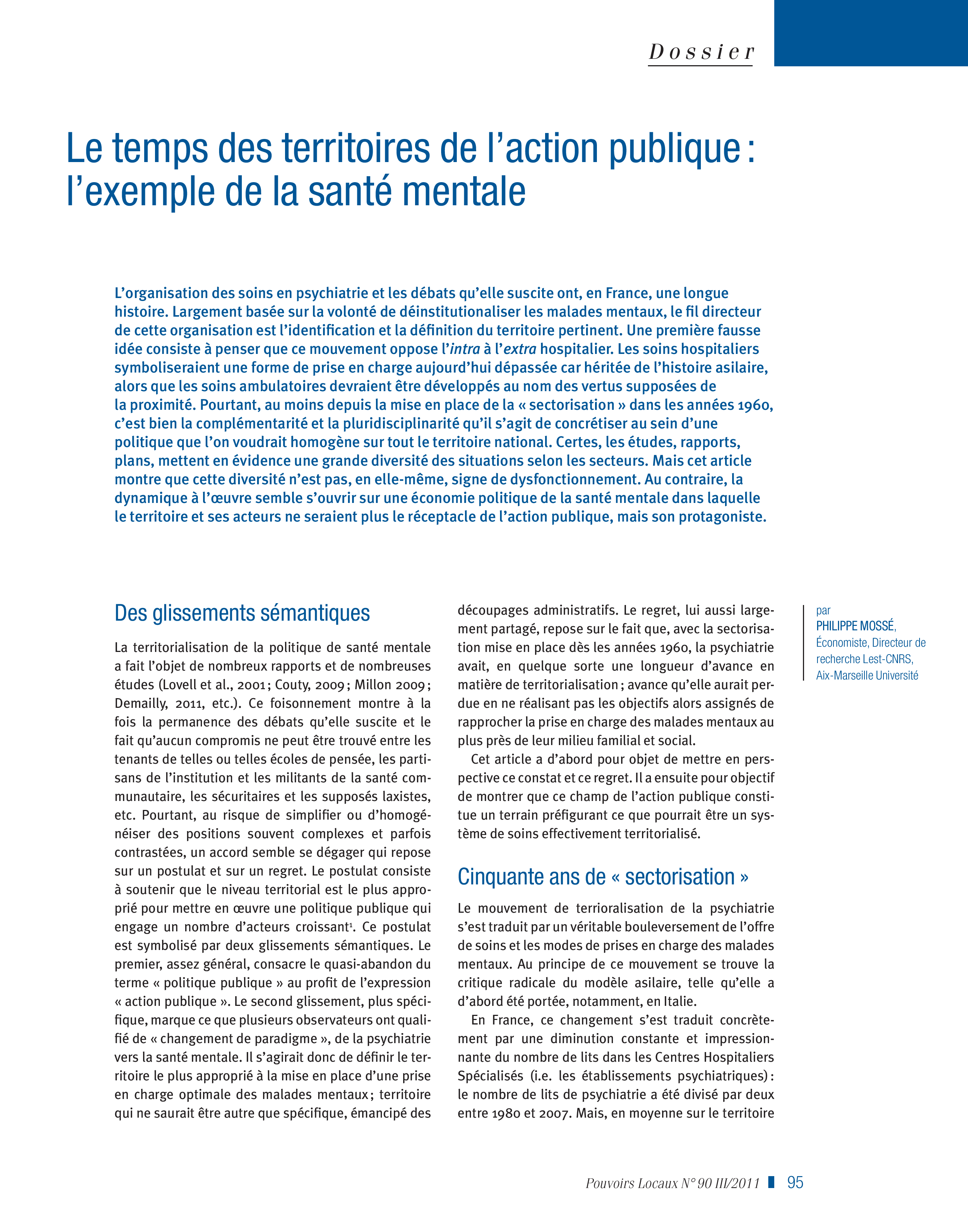 Article : Le temps des territoires de l’action publique : l’exemple de la santé mentale