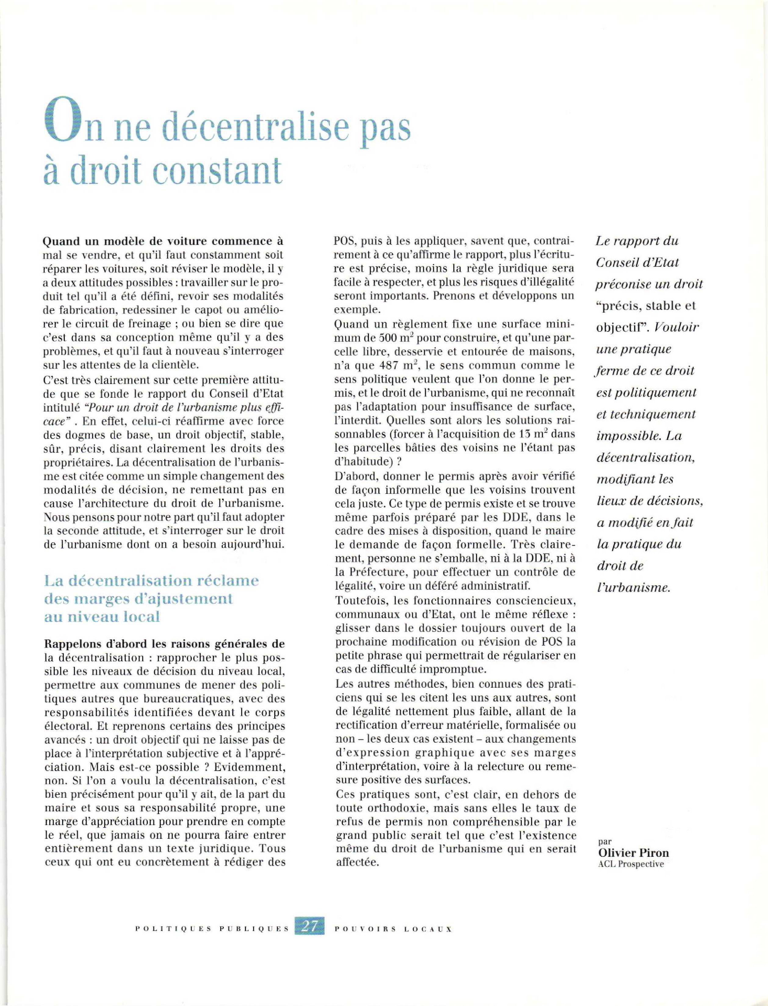 Article : On ne décentralise pas à droit constant