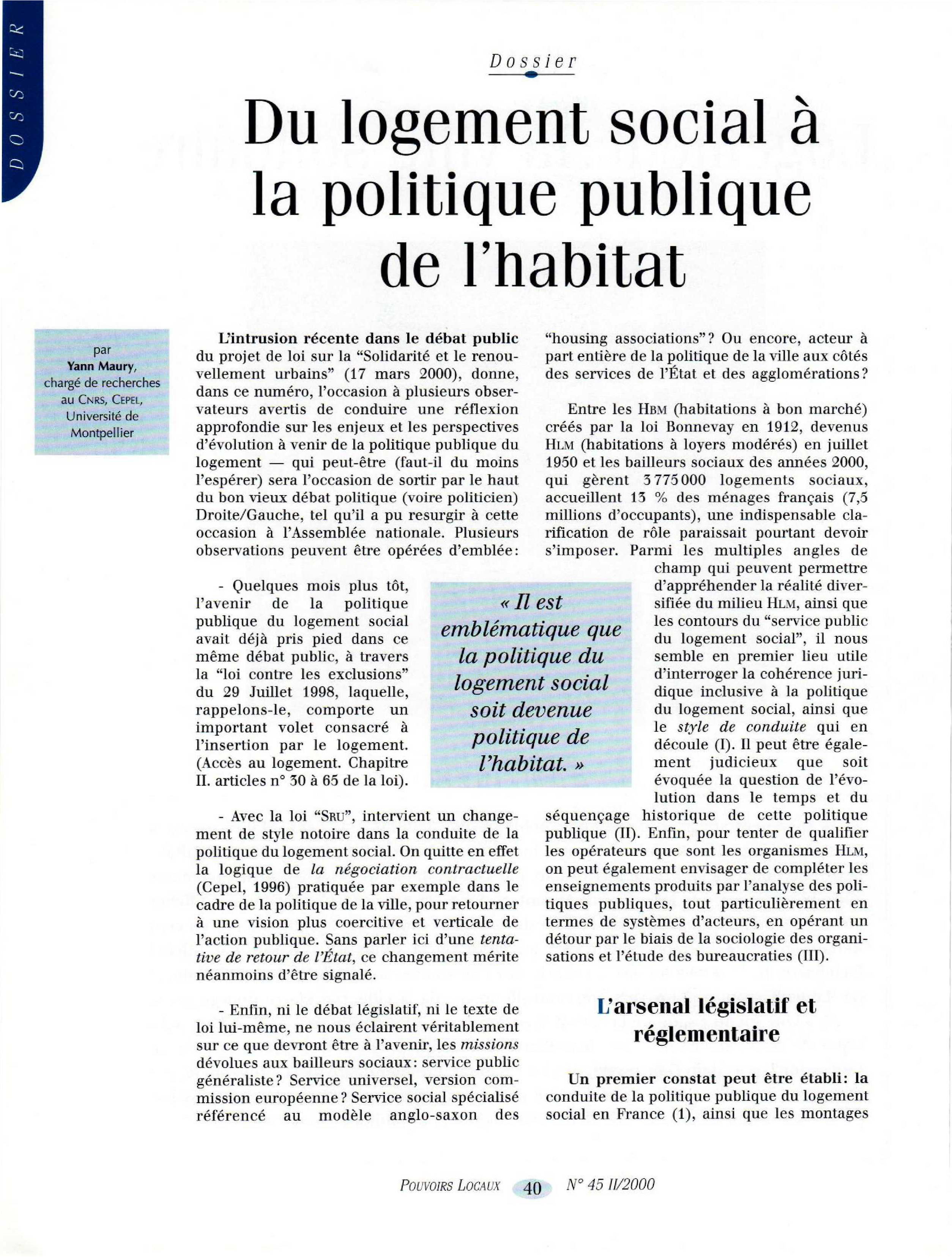 Article : Du logement social à la politique publique de l’habitat