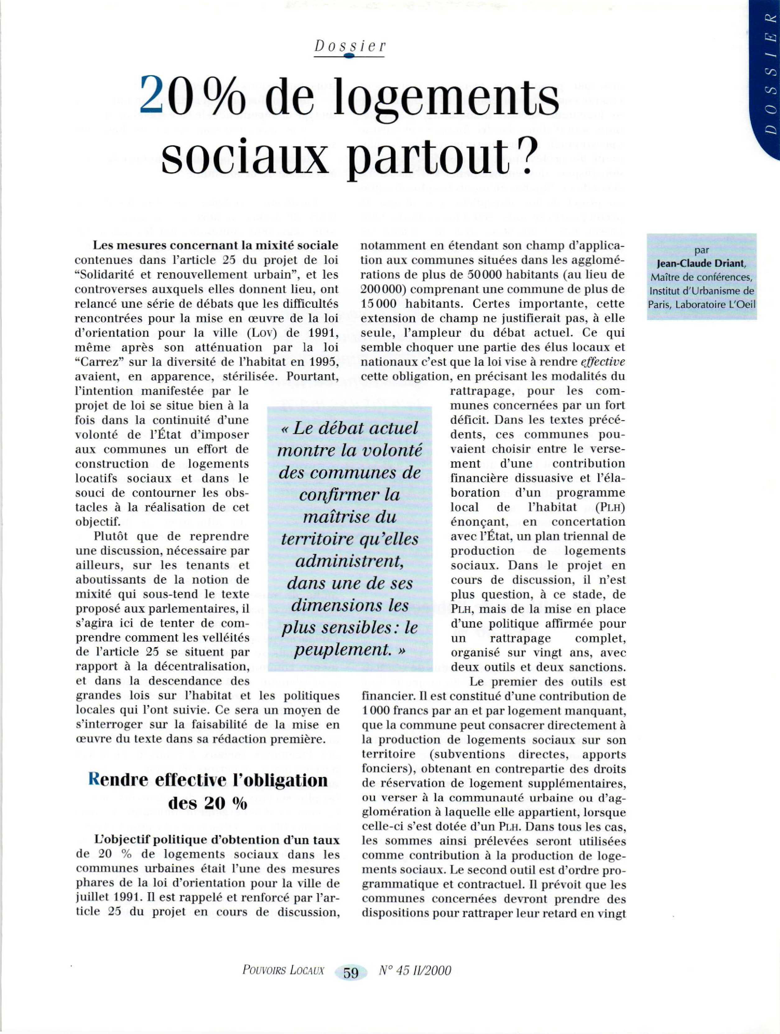 Article : 20 % de logements sociaux partout ?