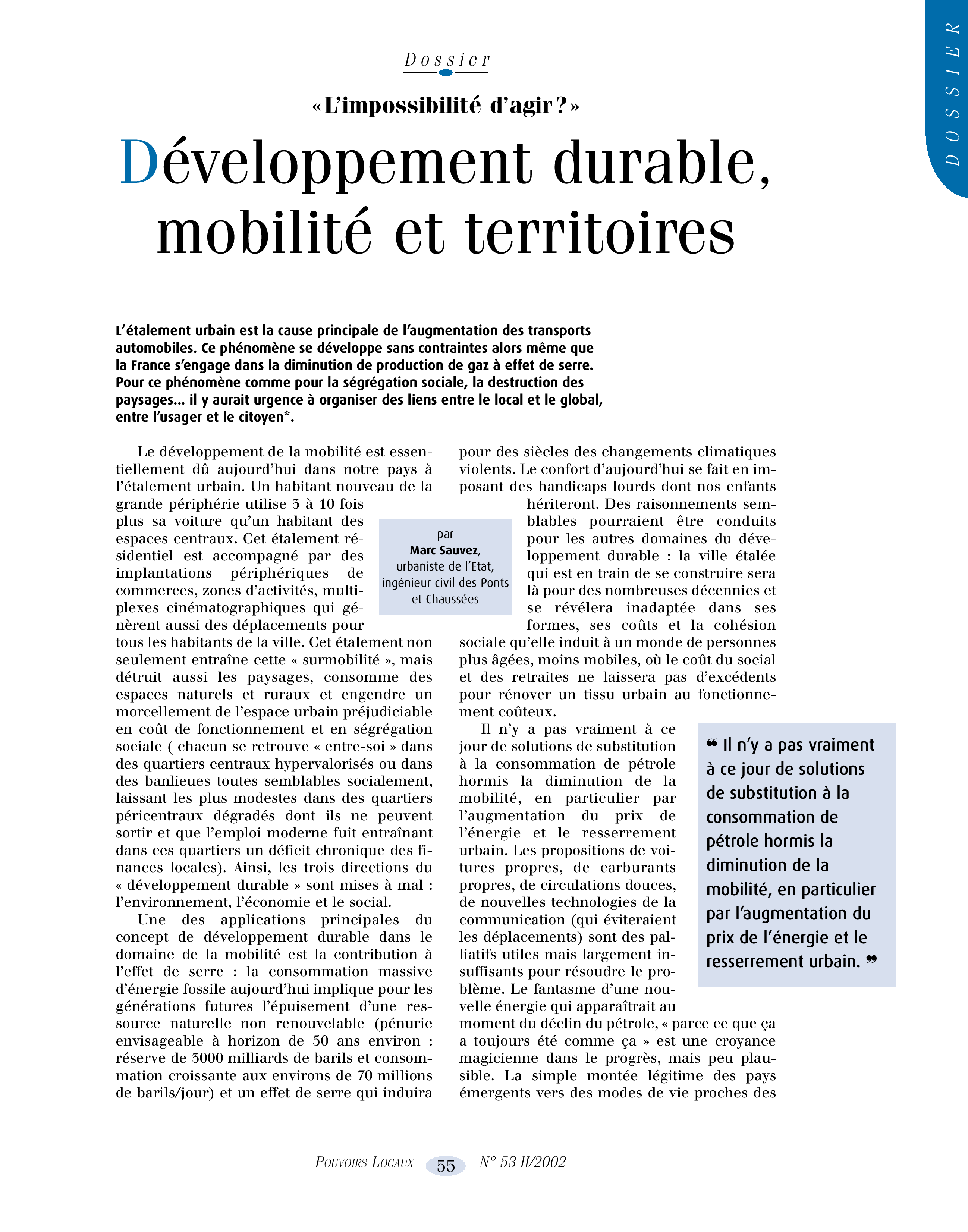 Article : Développement durable, mobilité et territoires