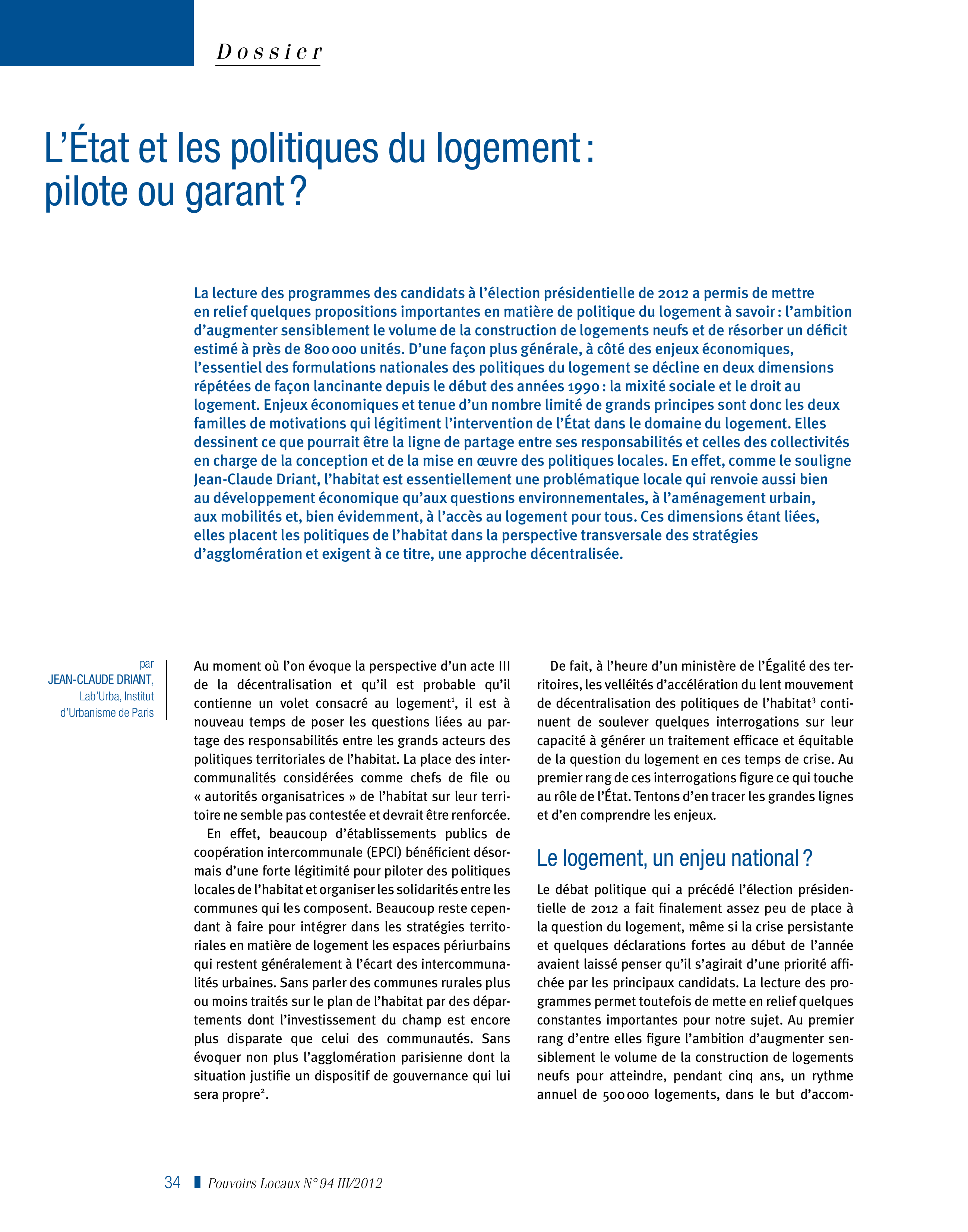 Article : L’Etat et les politiques du logement : pilote ou garant ? 