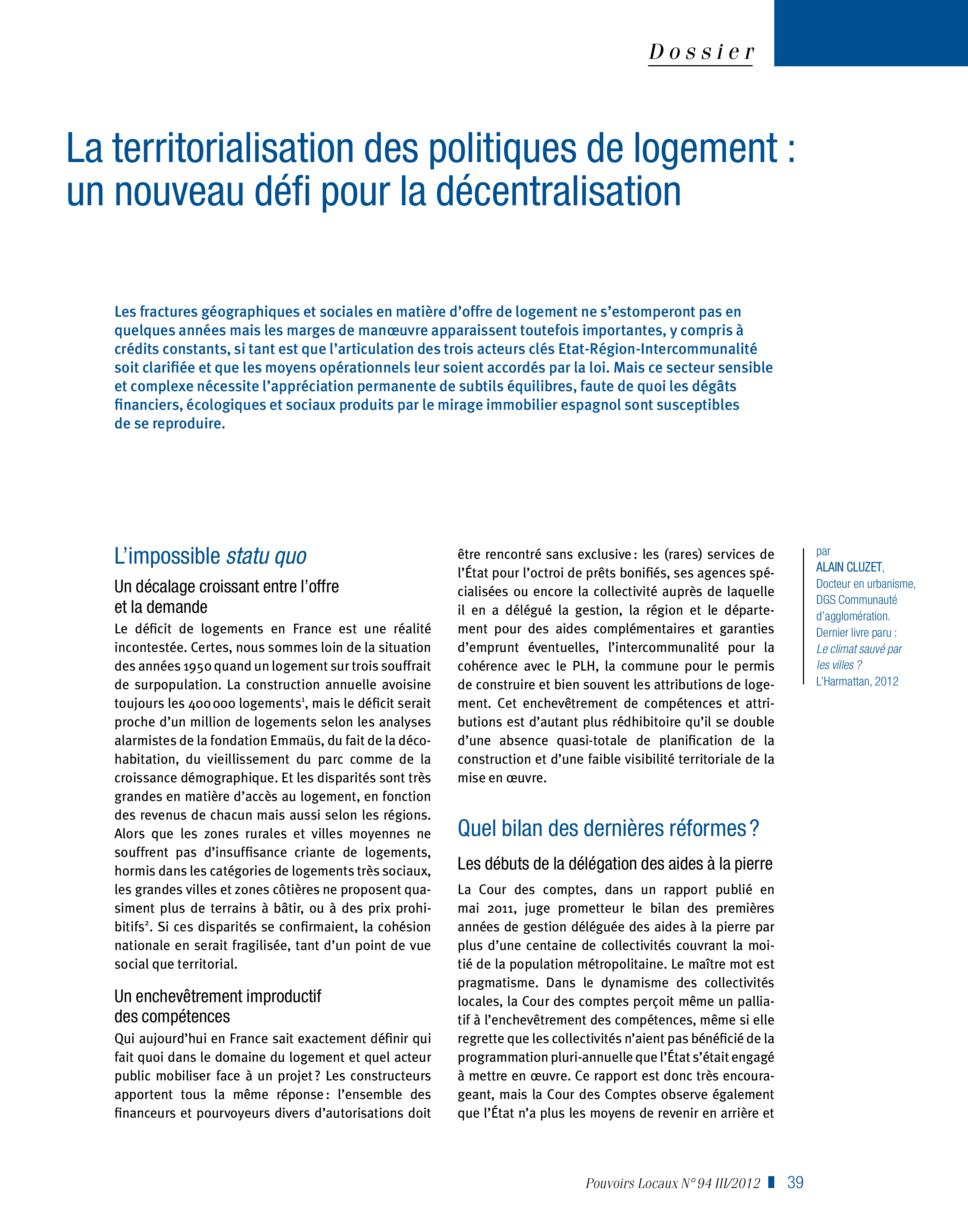 Article : La territorialisation des politiques de logement : un nouveau défi pour la décentralisation