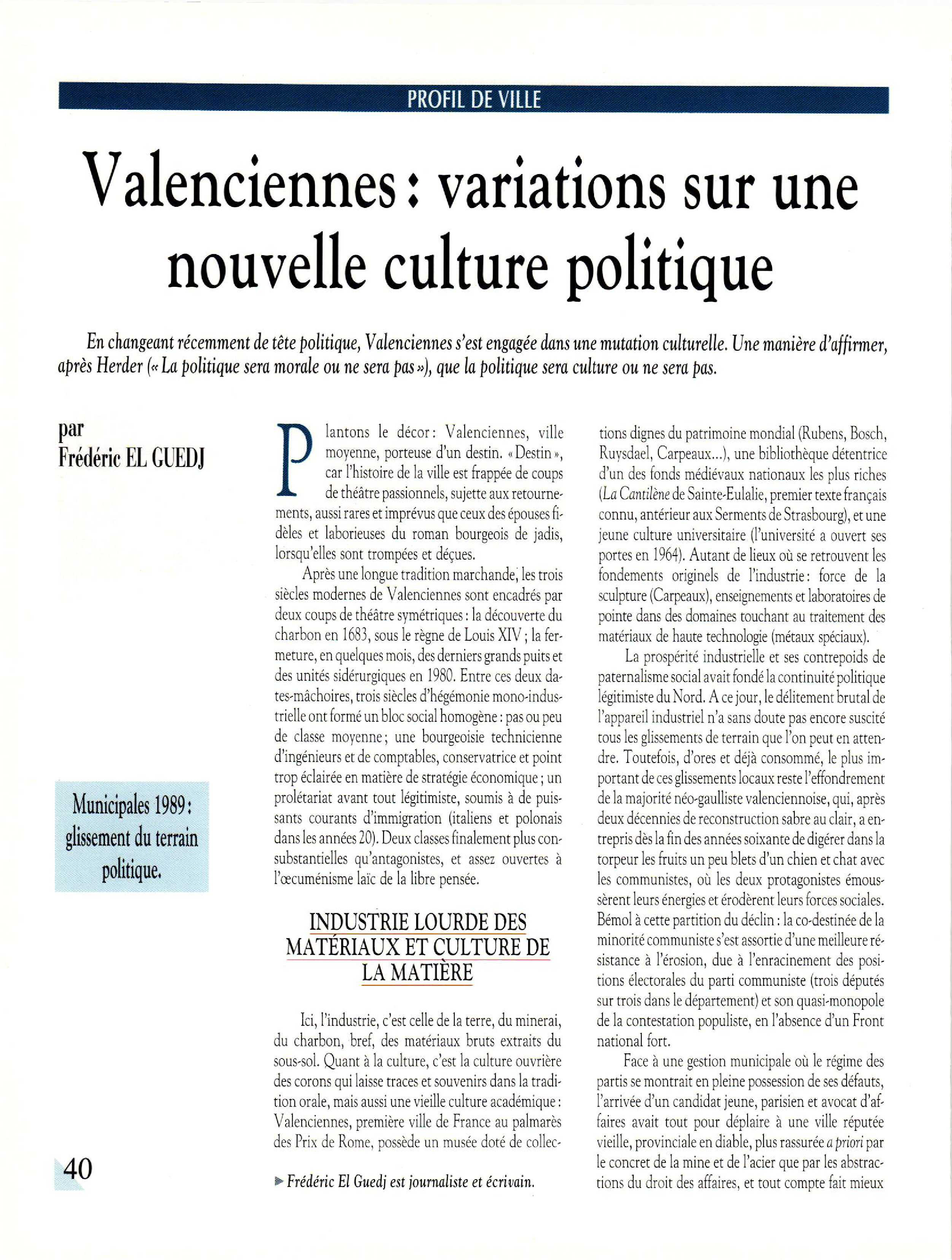 Article : Valenciennes : Variations sur une nouvelle culture politique