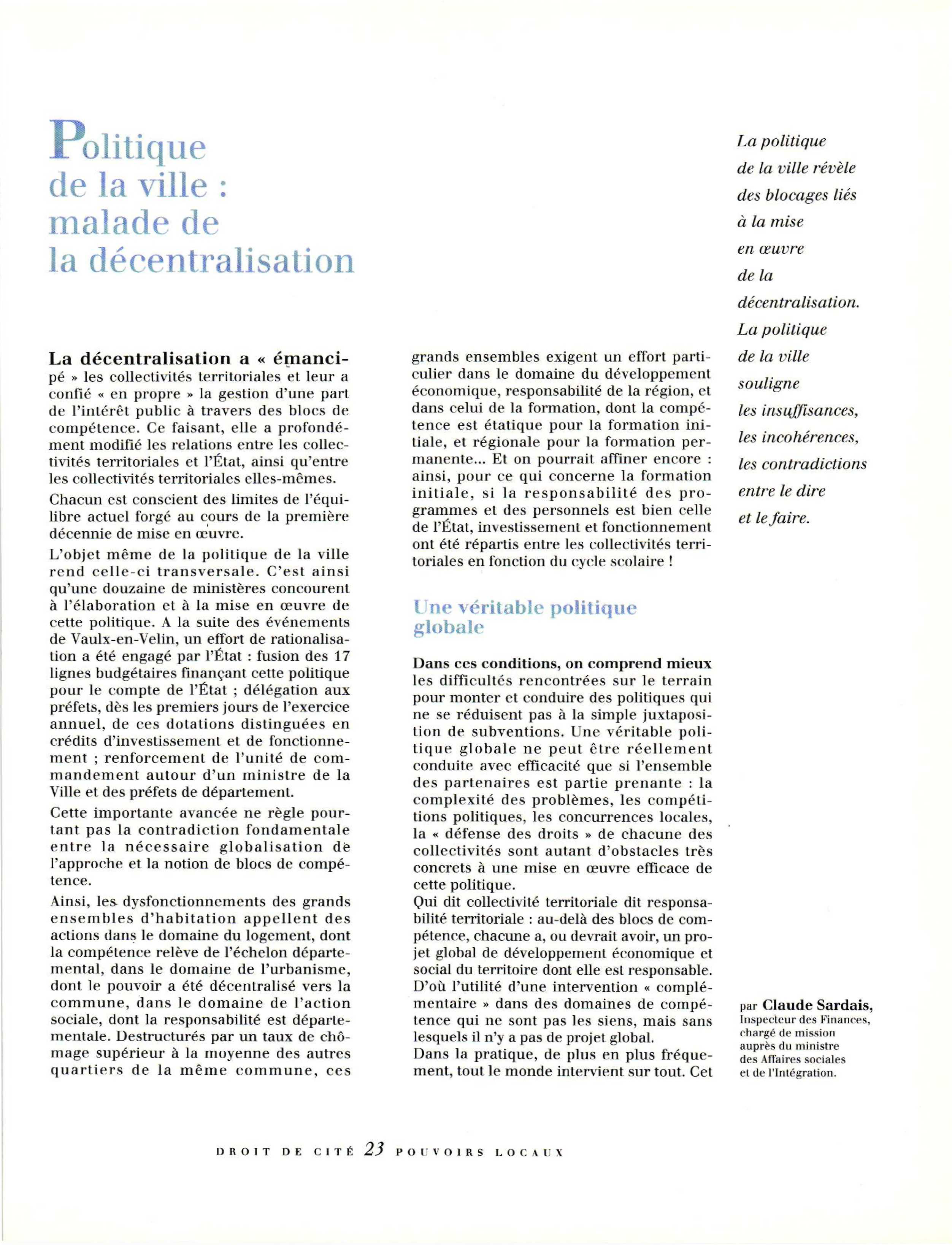 Article : La politique de la ville malade de la décentralisation