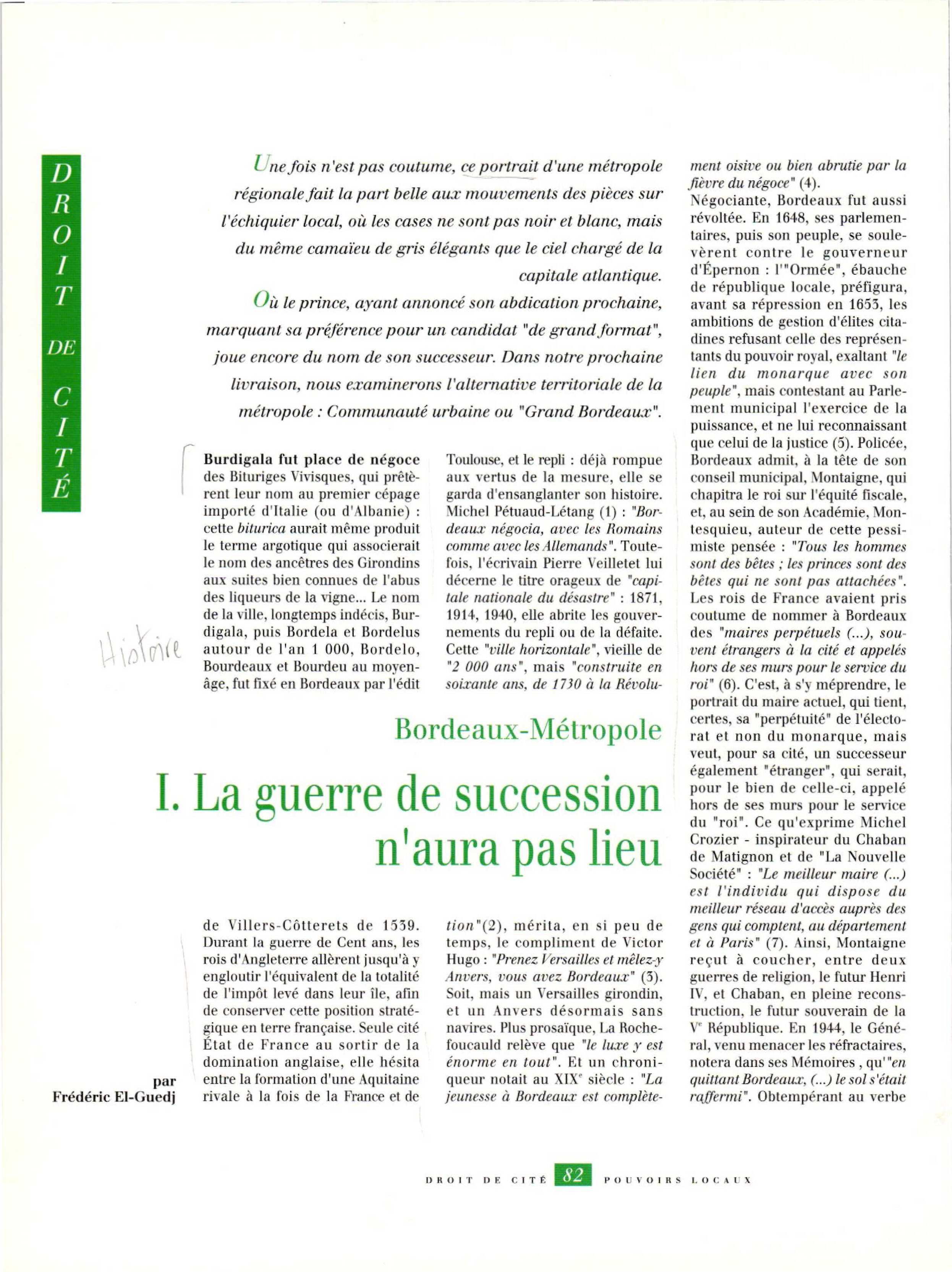 Article : Bordeaux-Métropole (I) - la guerre de succession n’aura pas lieu