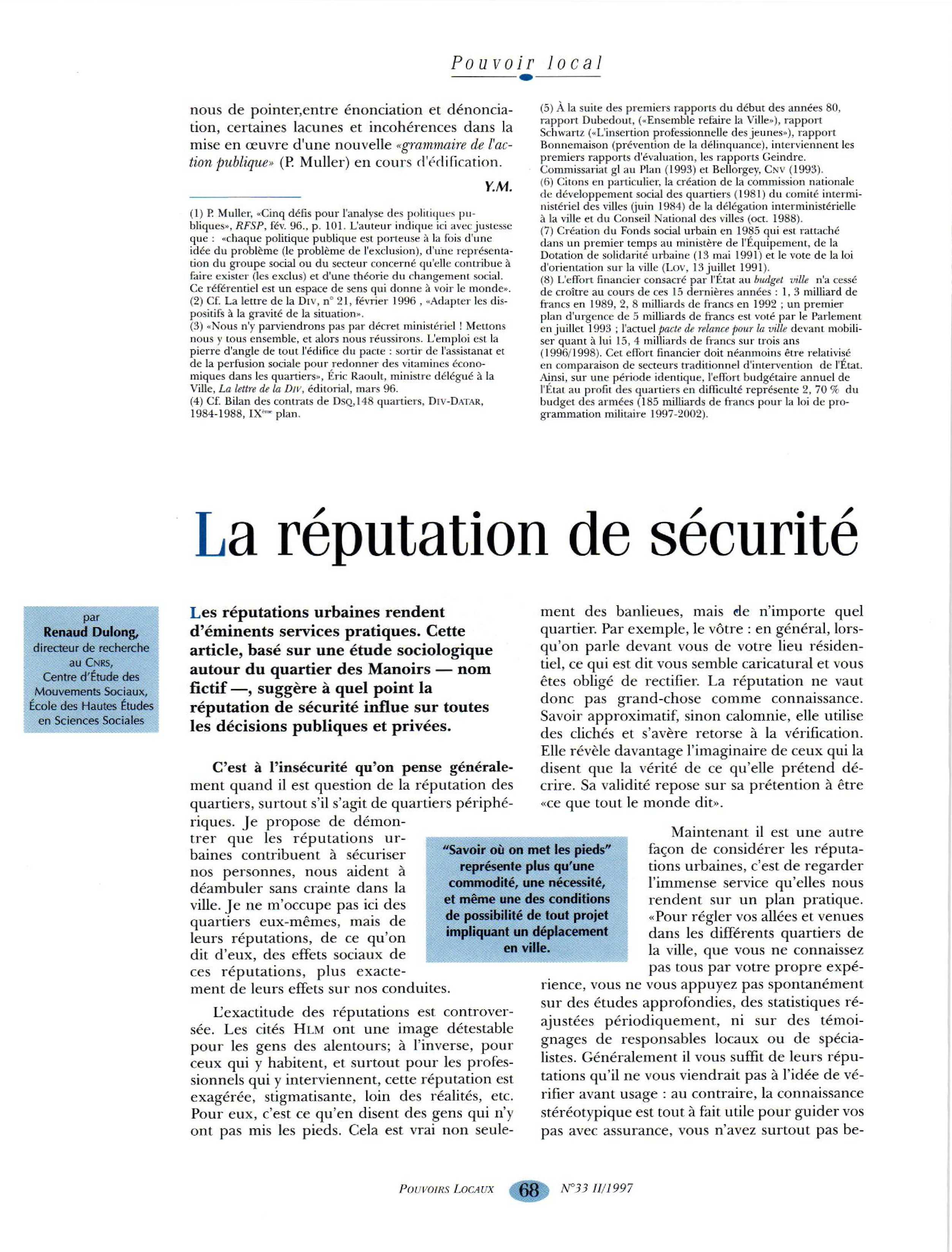 Article : Quartiers - La réputation de sécurité