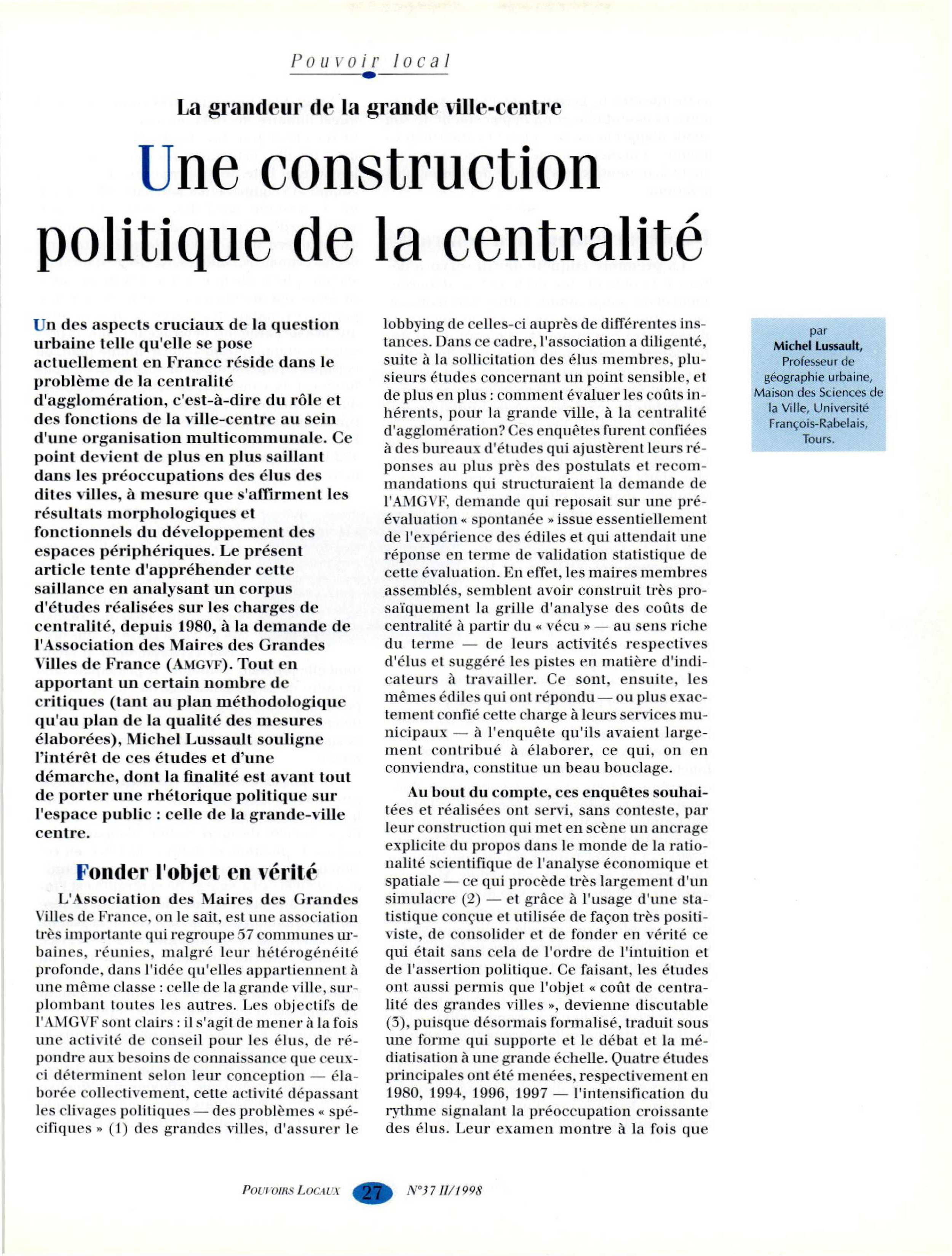 Article : La grandeur de la grande ville-centre - Une construction politique de la centralité,