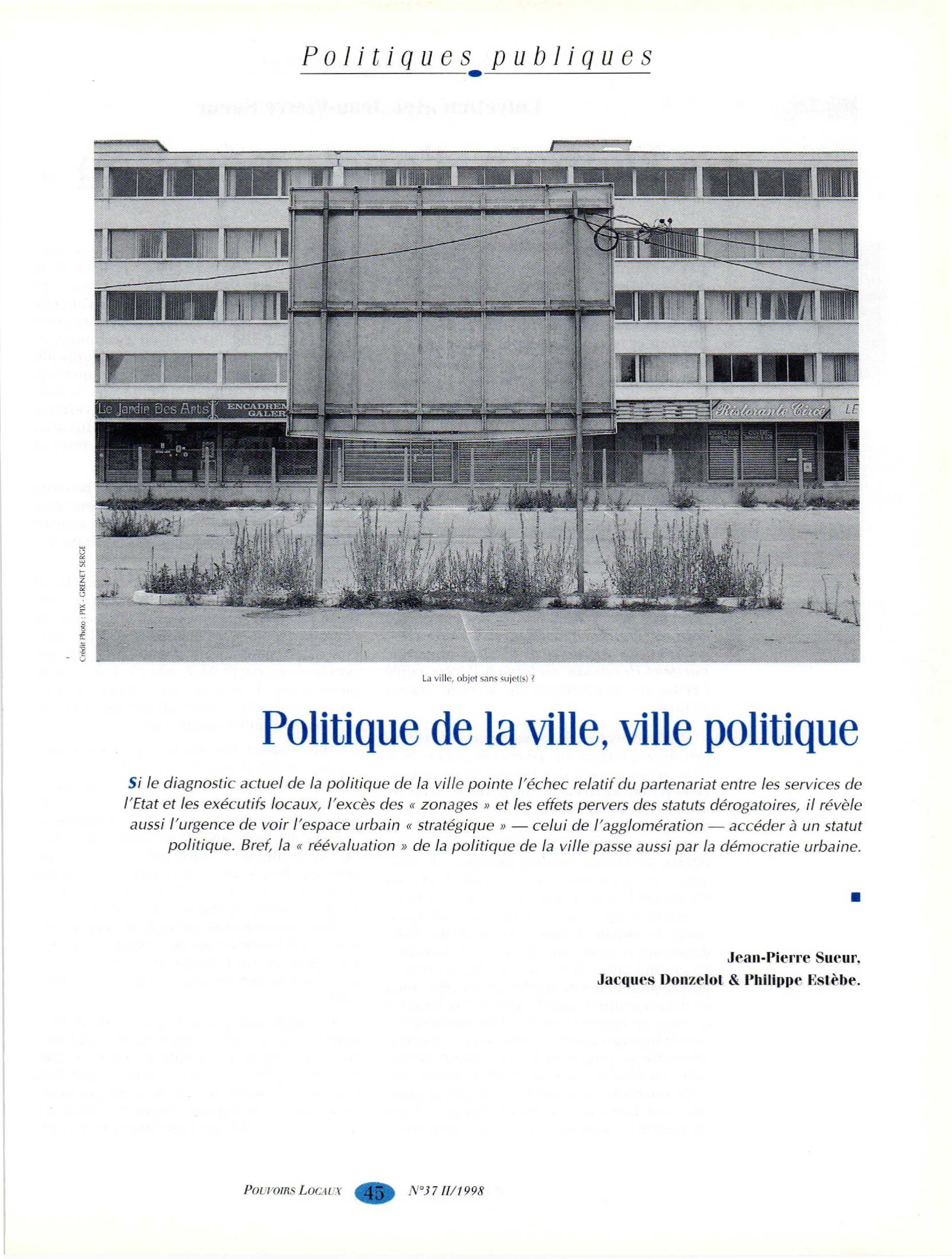 Article : Demain, l’agglomération, entretien avec Sueur J-P.