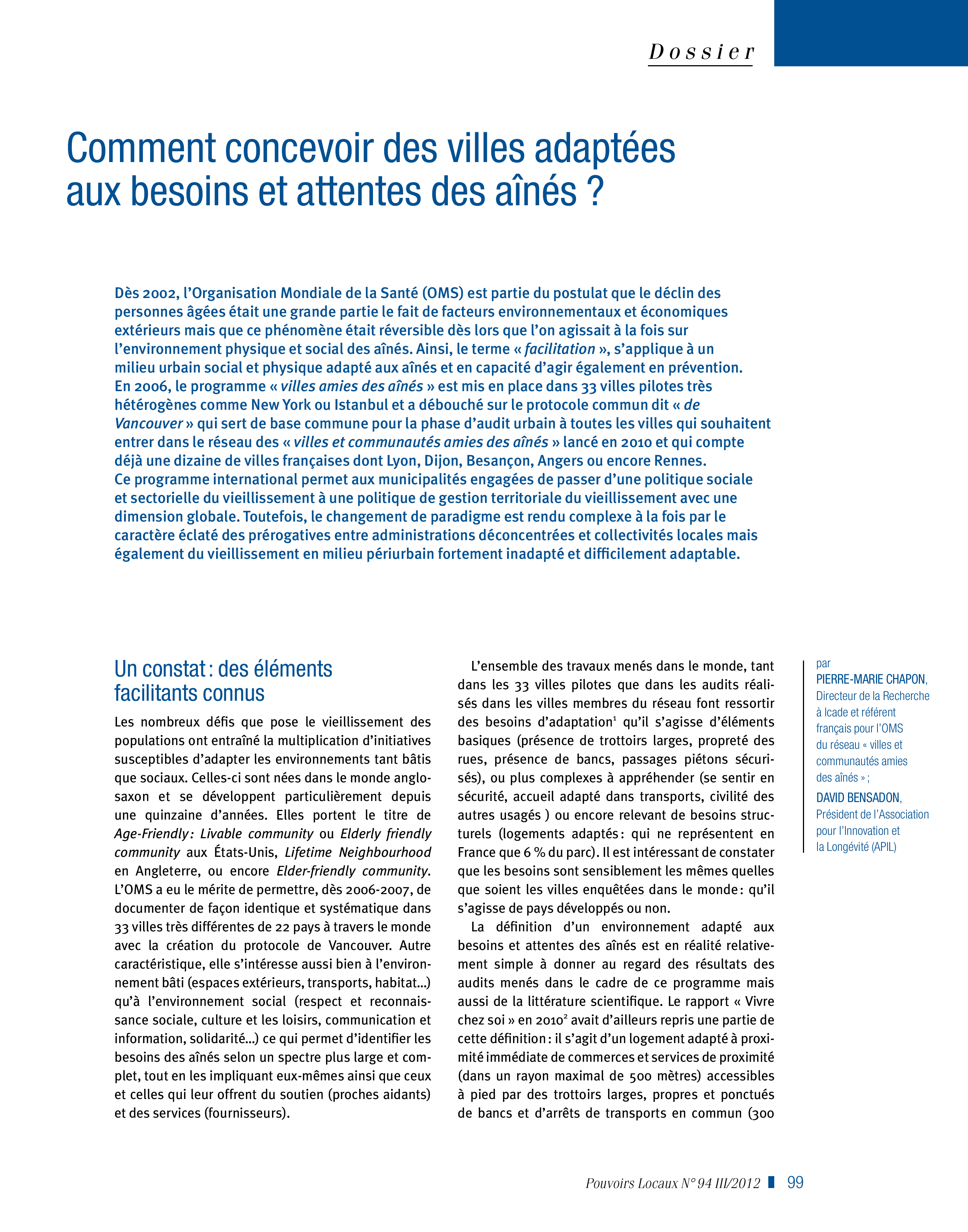 Article : Comment concevoir des villes adaptées aux besoins et attentes des aînés ? 