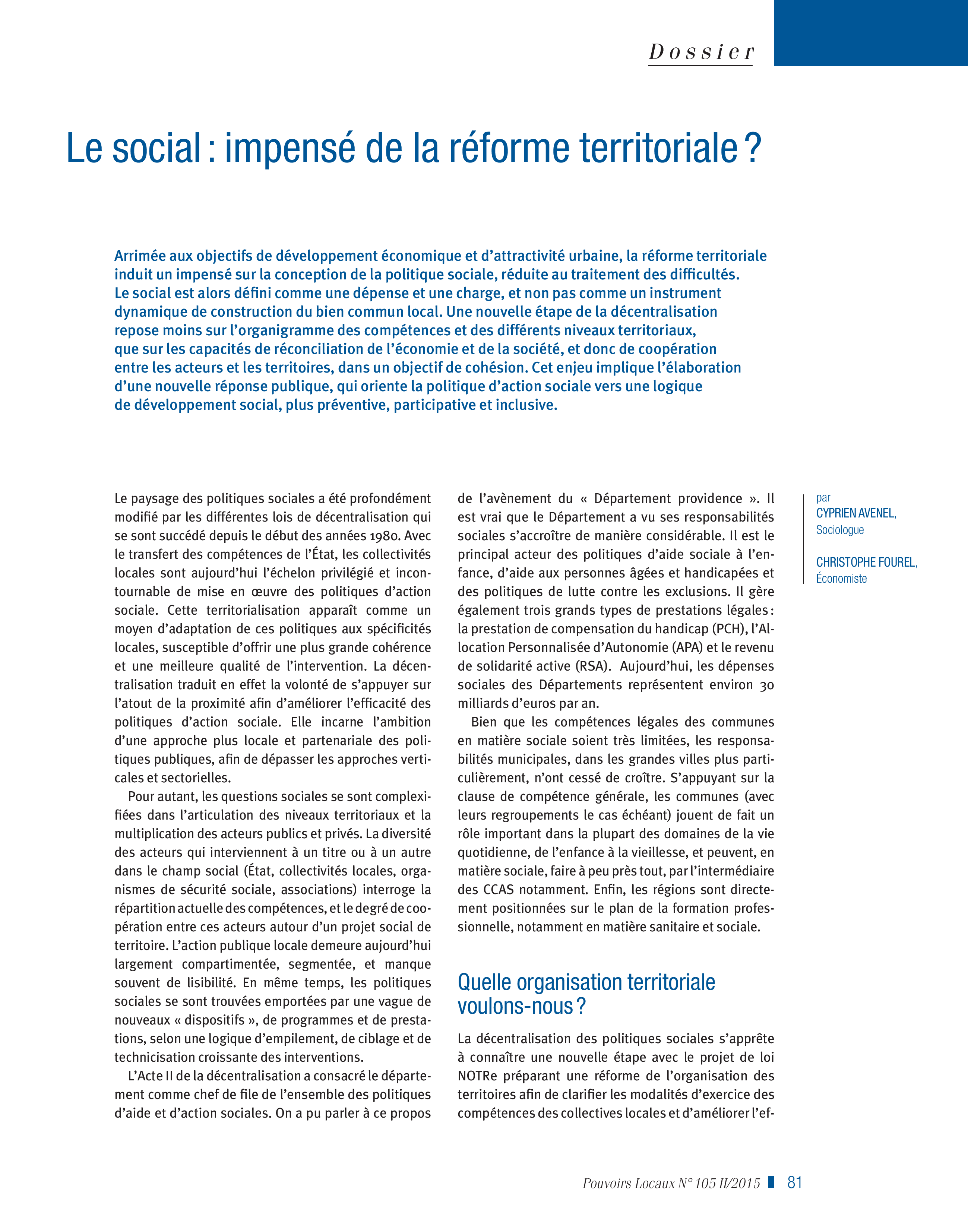 Article : Le social: impensé de la réforme territoriale?