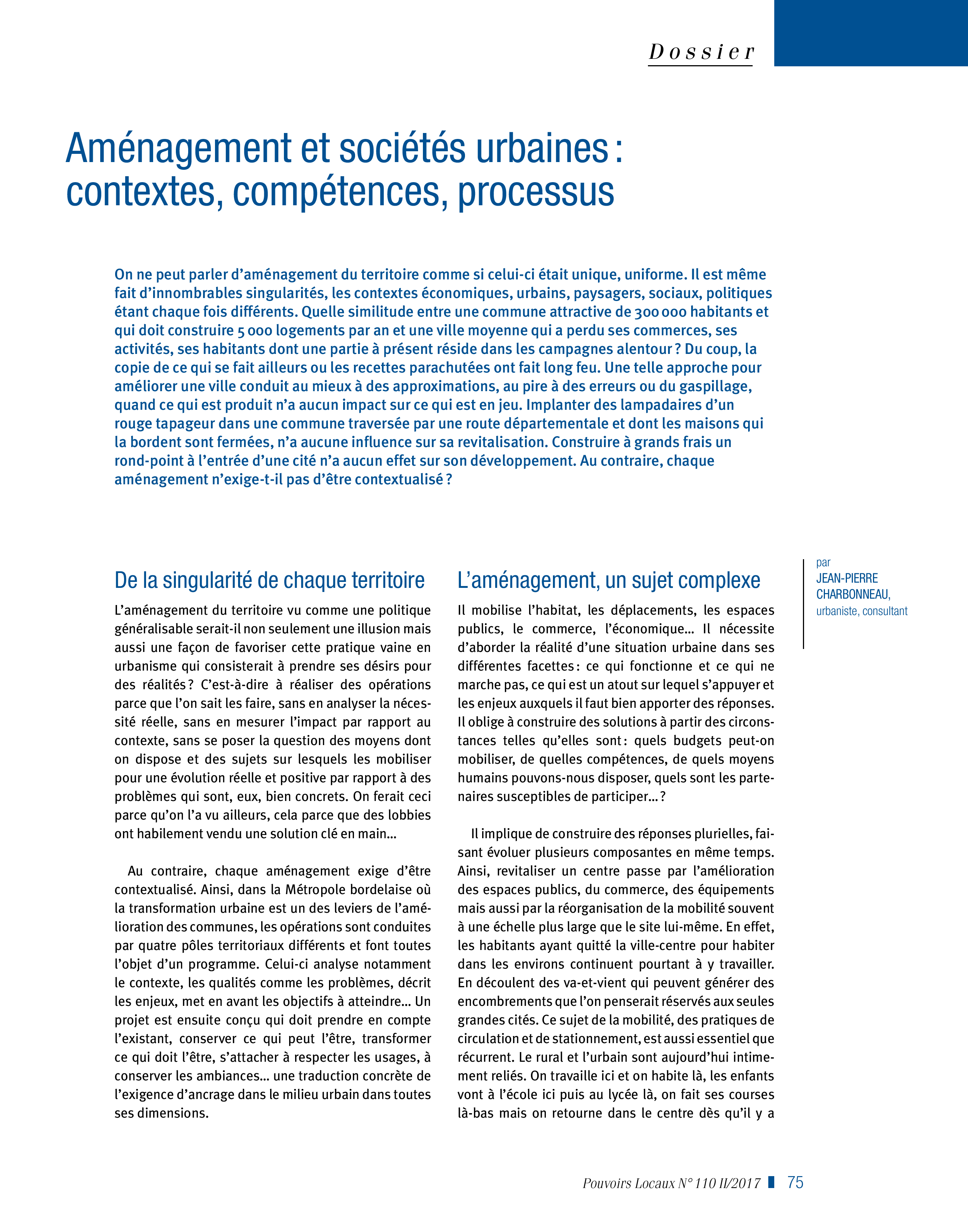 Article : Aménagement et sociétés urbaines : contextes, compétences, processus