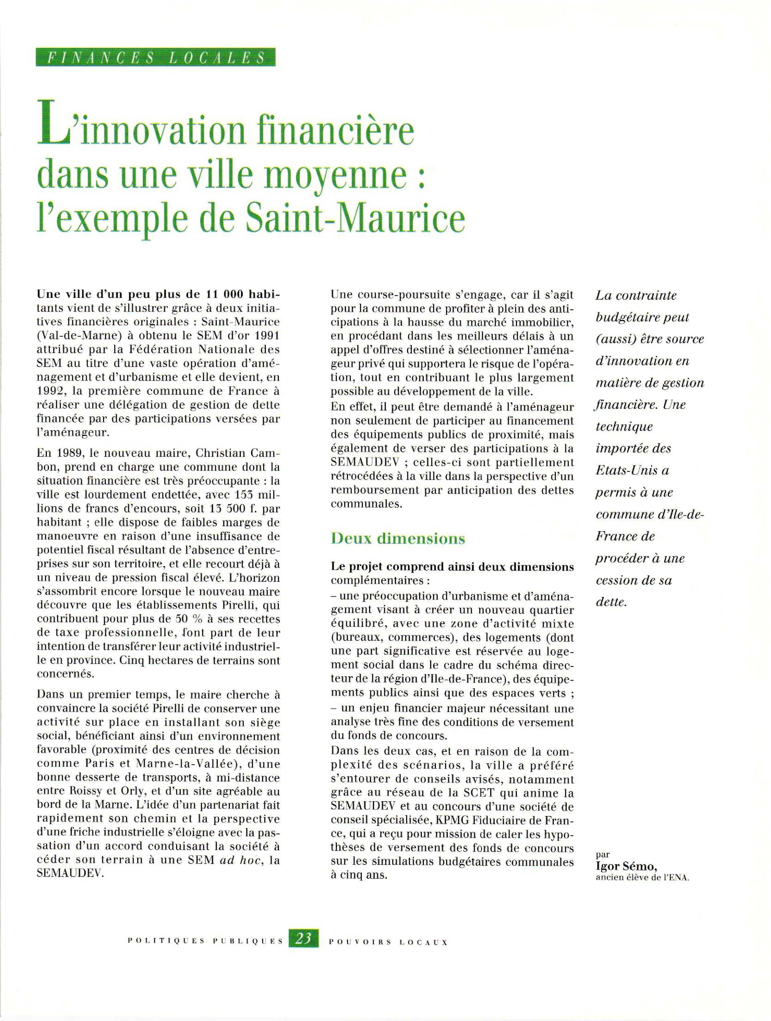 Article : L’innovation financière dans une ville moyenne : l’exemple de Saint-Maurice