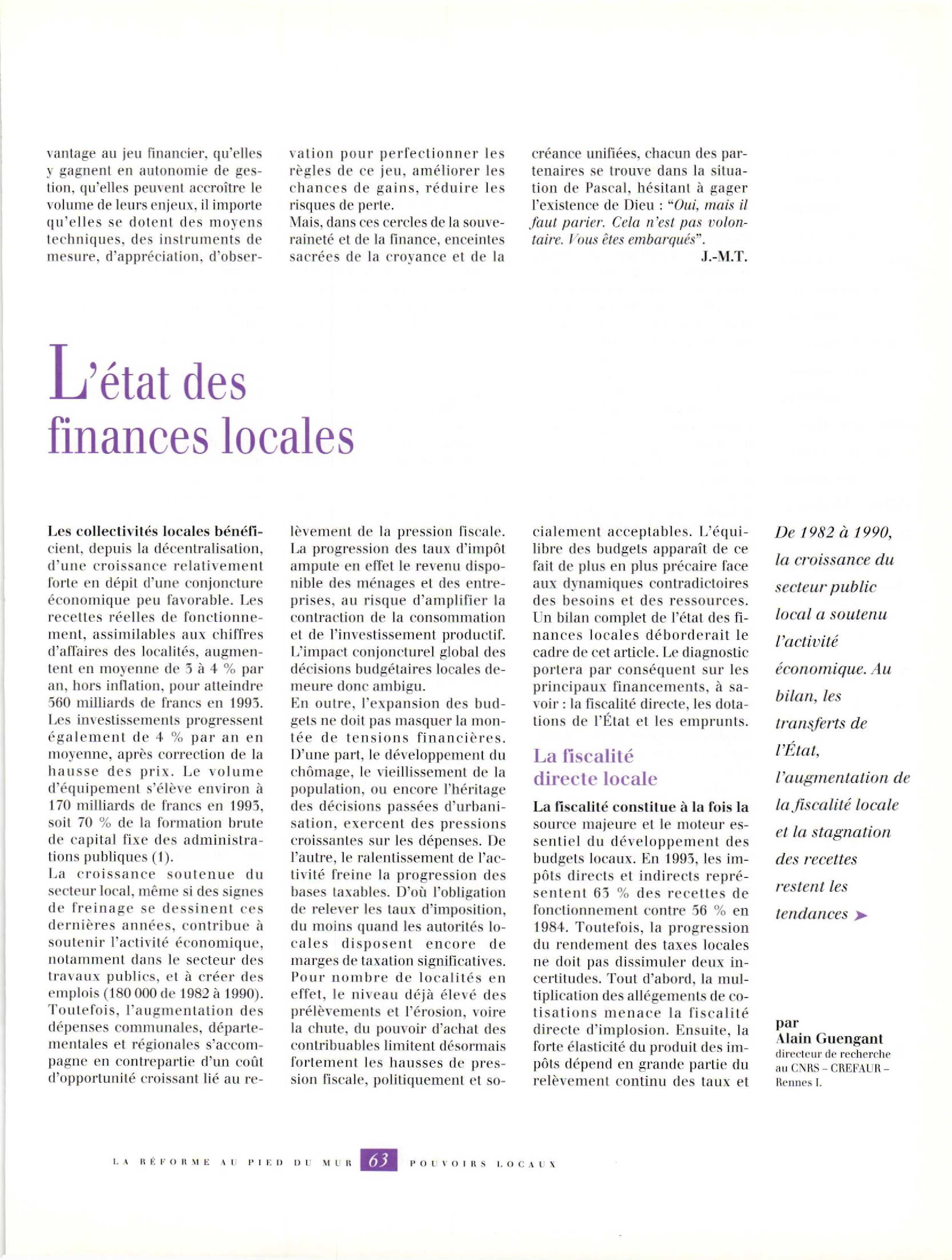 Article : L’état des finances locales