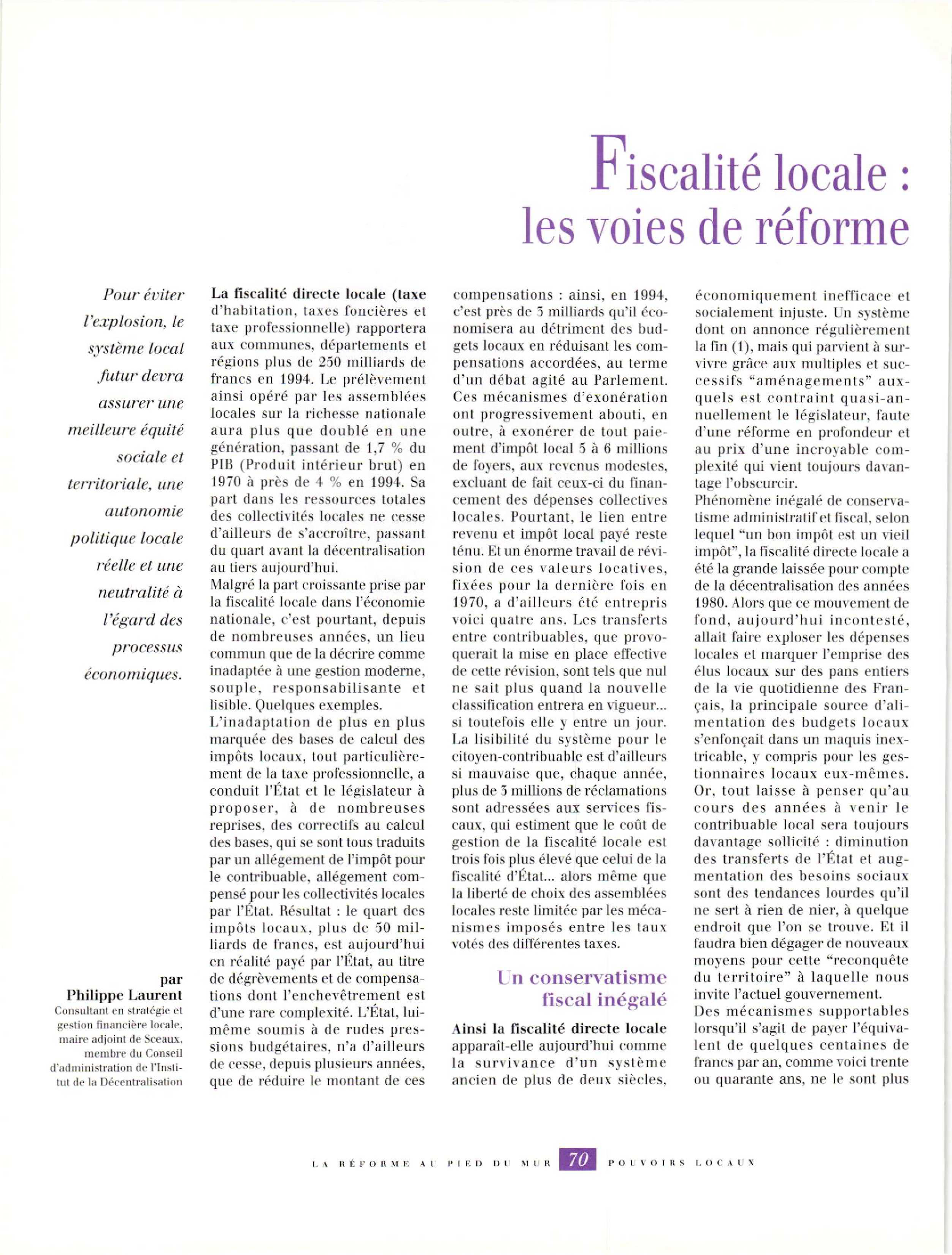 Article :  Fiscalité locale : les voies de la réforme