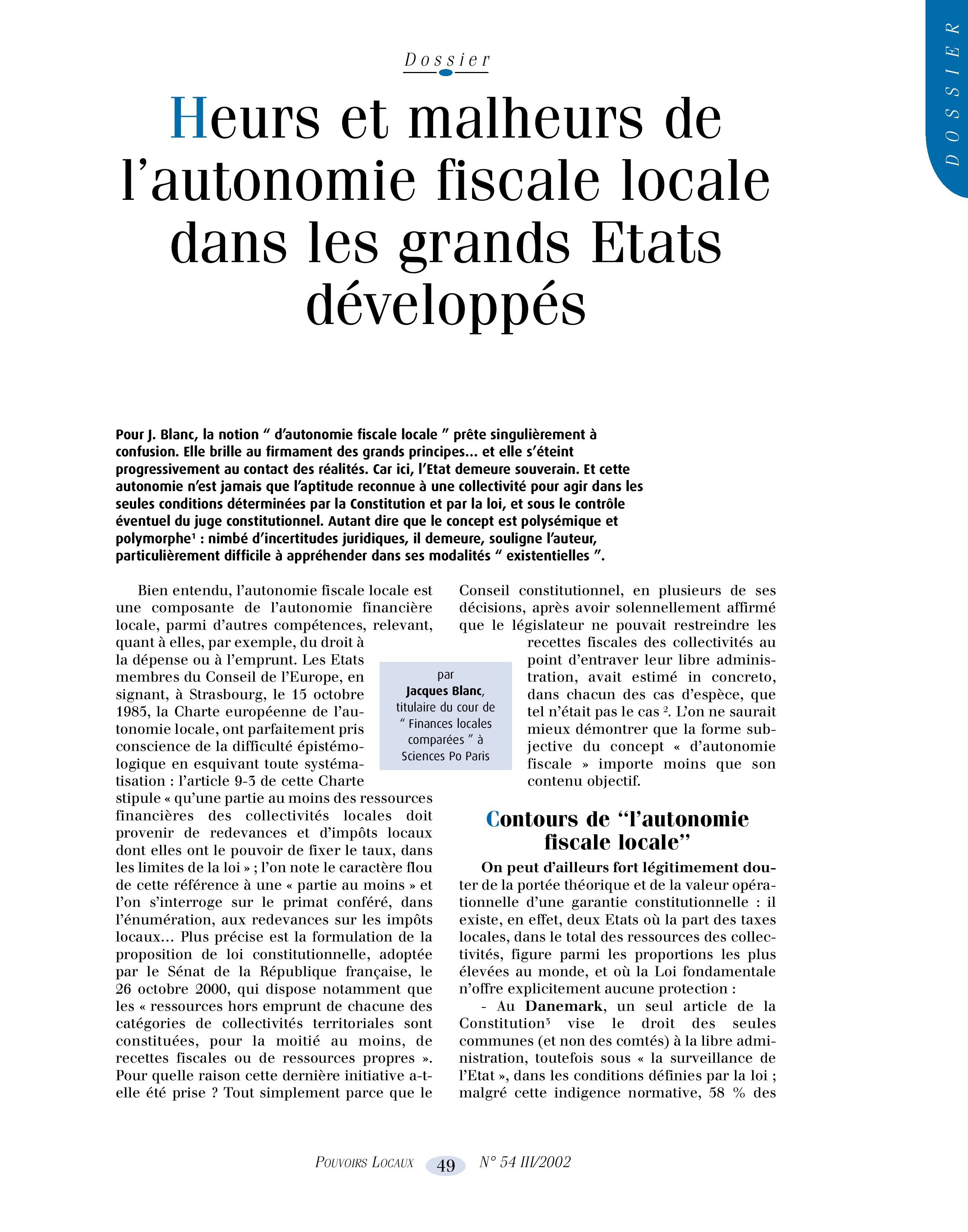 Article : Heurs et malheurs de l’autonomie fiscale locale dans les grands Etats développés